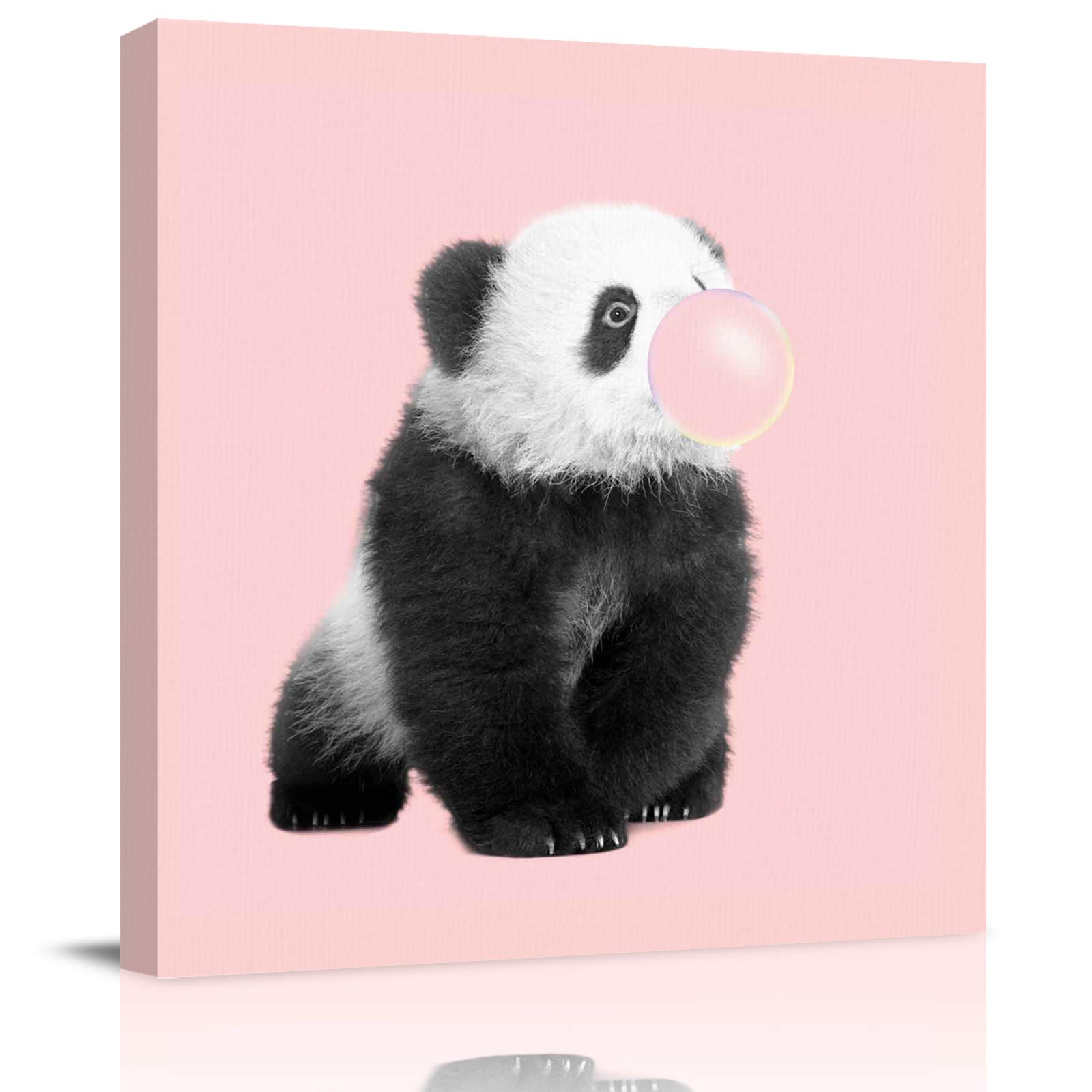 20x20 Inch Animals Canvas Wall Art - Framed Panda Bubble Pink Background Painting, Ready to Hang Home Decor for Living Room, Bedroom & Nursery | Modern Wall Art Prints for Housewarming Gifts