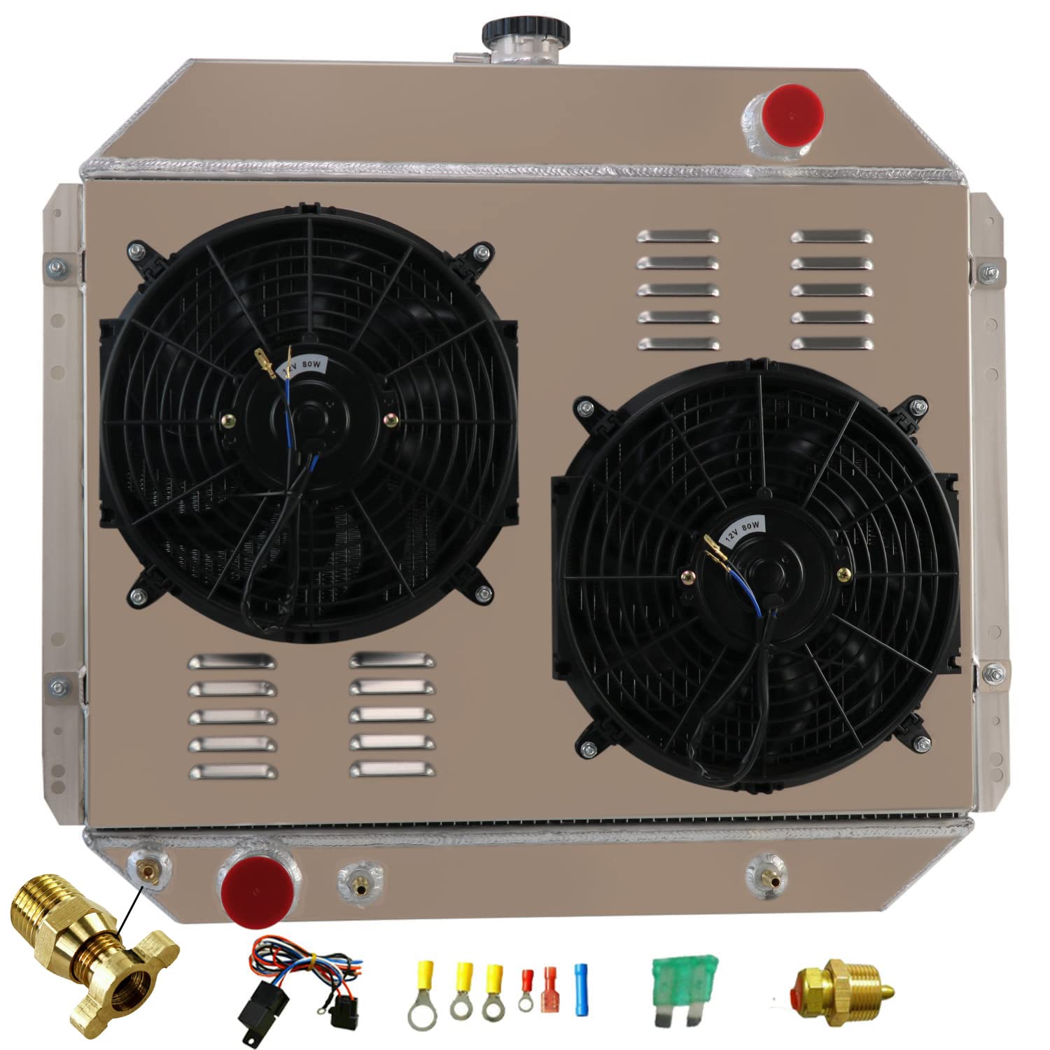 4 Row Aluminum Radiator Shroud with Fan Relay for 1966-1979 Ford F100 F150 F250 F350 & Bronco Trucks - Heavy Duty Cooling Upgrade for Off-Road & Towing