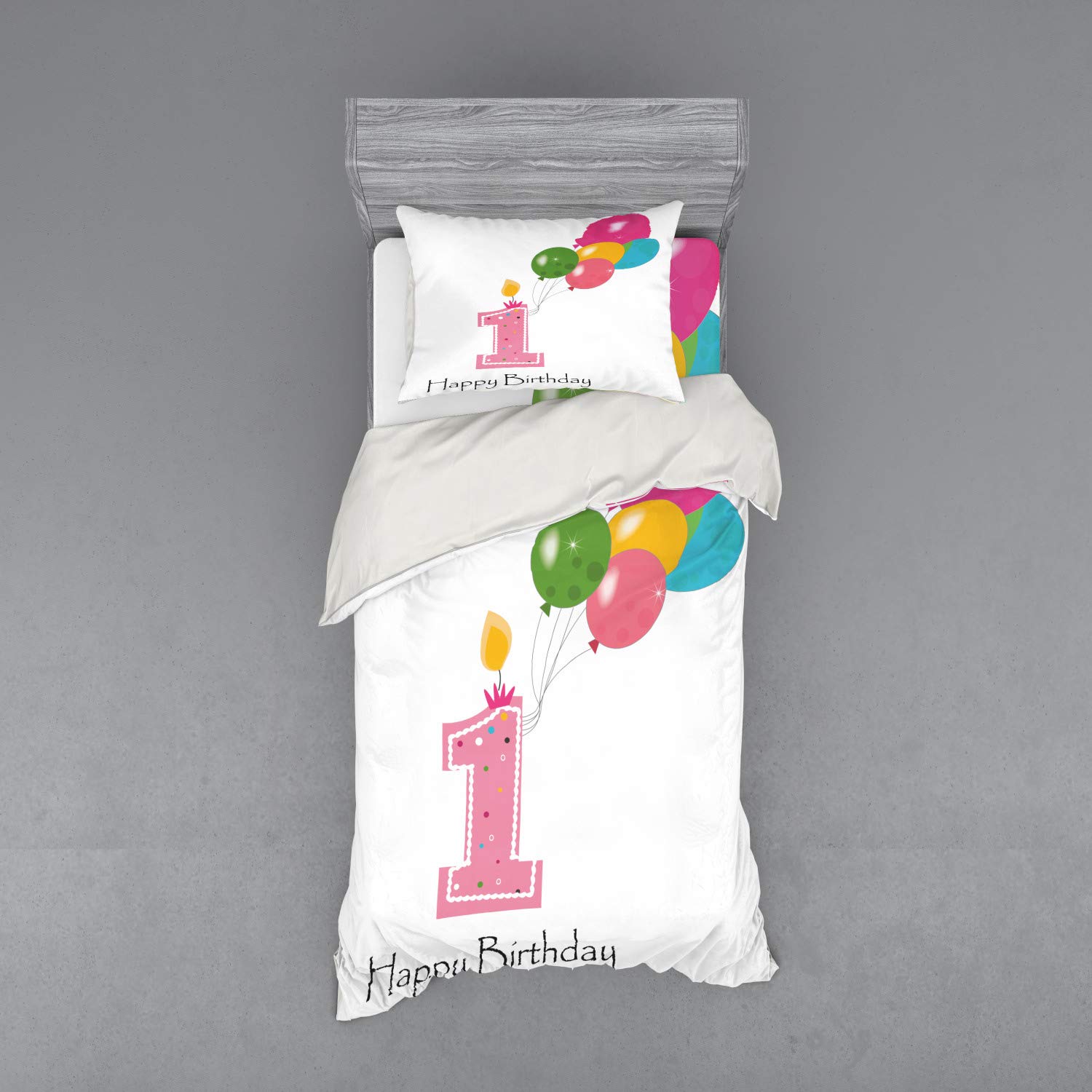 Ambesonne 1st Birthday Bedding Set for Girls - 3 Piece Twin Size Duvet Cover with Sham & Fitted Sheet - Cute Candlestick & Colorful Balloons Print in Pale Pink & White - Perfect for Birthday Parties, Nursery Decor & Toddler Room Themes