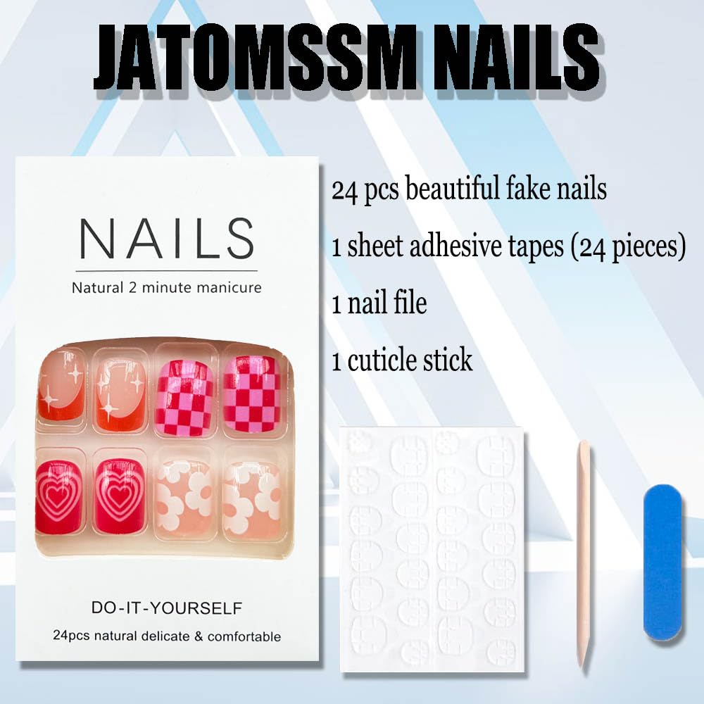 Short Square Press on Nails - Pink French Tips with Rainbow Flower Heart Lattice Design - 24pcs Acrylic Artificial Fake Nails - Perfect for Parties, Weddings, and Daily Wear