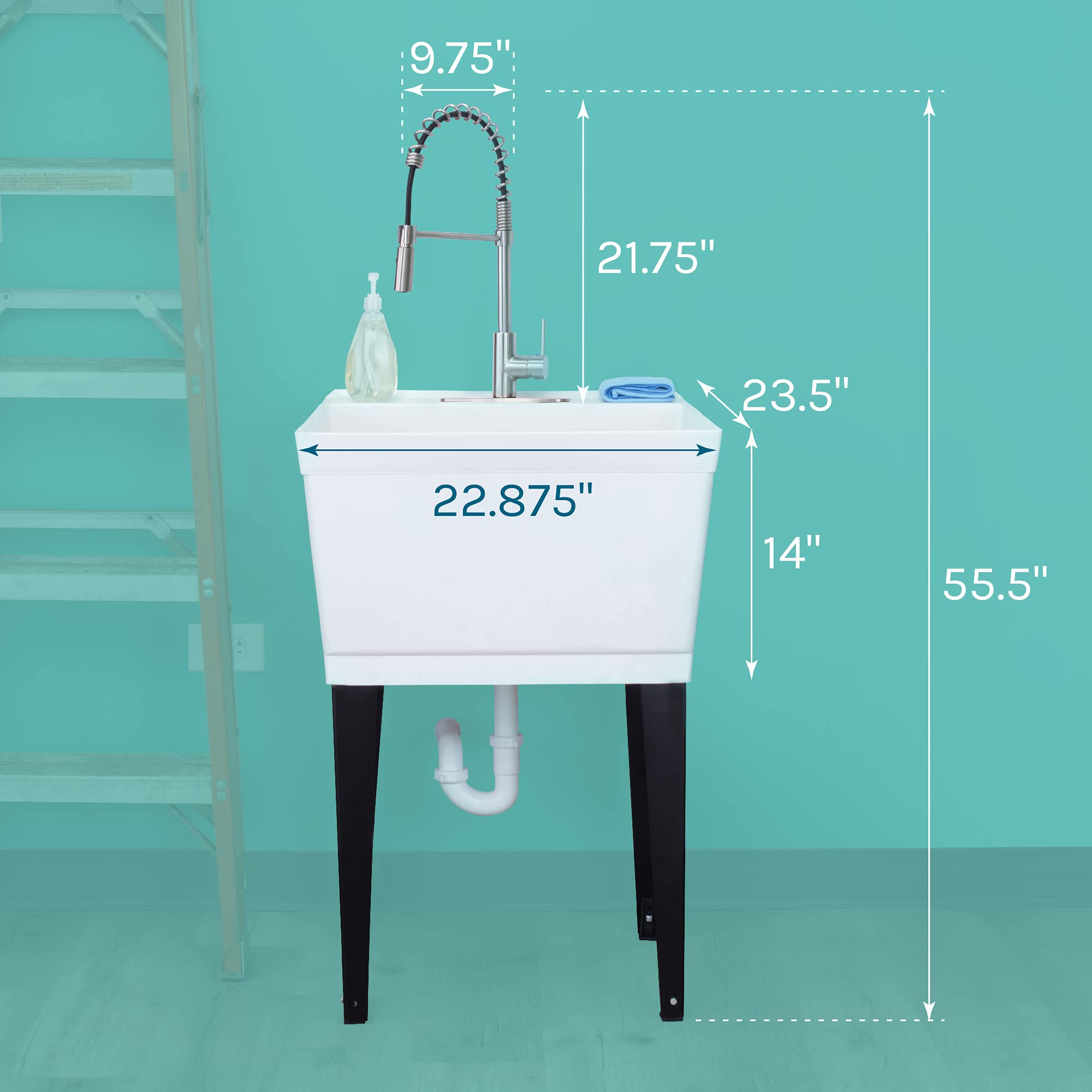 Extra-Deep Utility Sink Laundry Tub - White Freestanding Wash Station with High-Arc Stainless Steel Pull-Down Sprayer Faucet, Integrated Supply Lines & P-Trap Kit - Heavy Duty Floor Mounted for Laundry Rooms, Basements & Garages