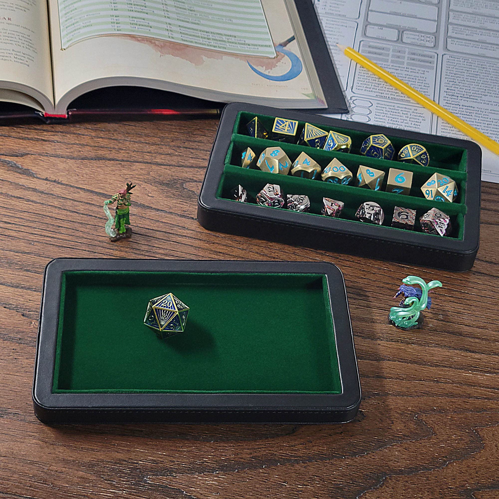 Premium 3-Row Metal Dice Storage Case with Magnetic Lid - Felt-Lined Protector for Polyhedral Dice Sets - Durable Combination Box & Tray - Ideal for D&D, MTG, RPG Gaming Accessories & Tabletop Collectors (Green)