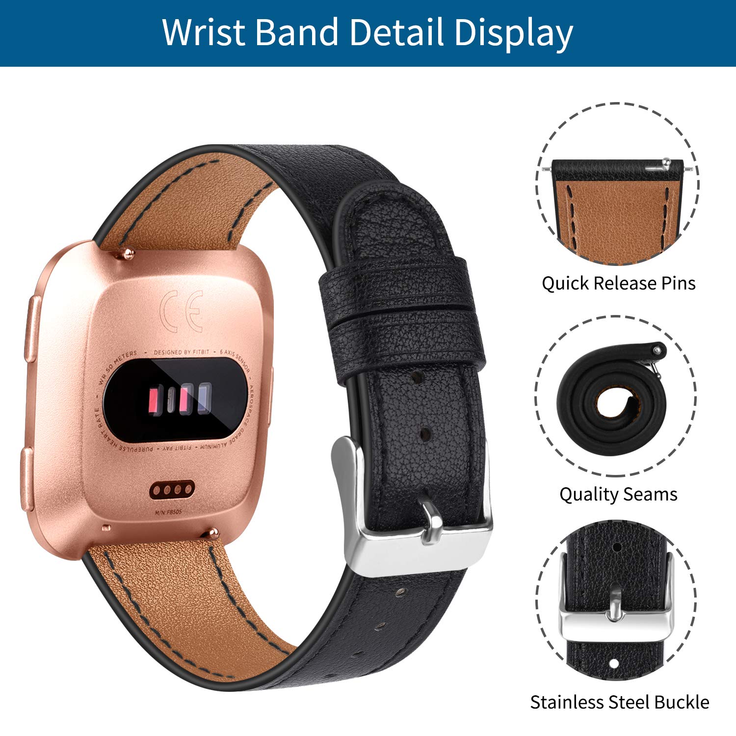 Premium Genuine Leather Bands for Fitbit Versa 2/Versa/Versa Lite - Replacement Watch Strap for Women & Men | Comfortable & Durable Fitness Tracker Accessory for Workouts, Office & Everyday Wear