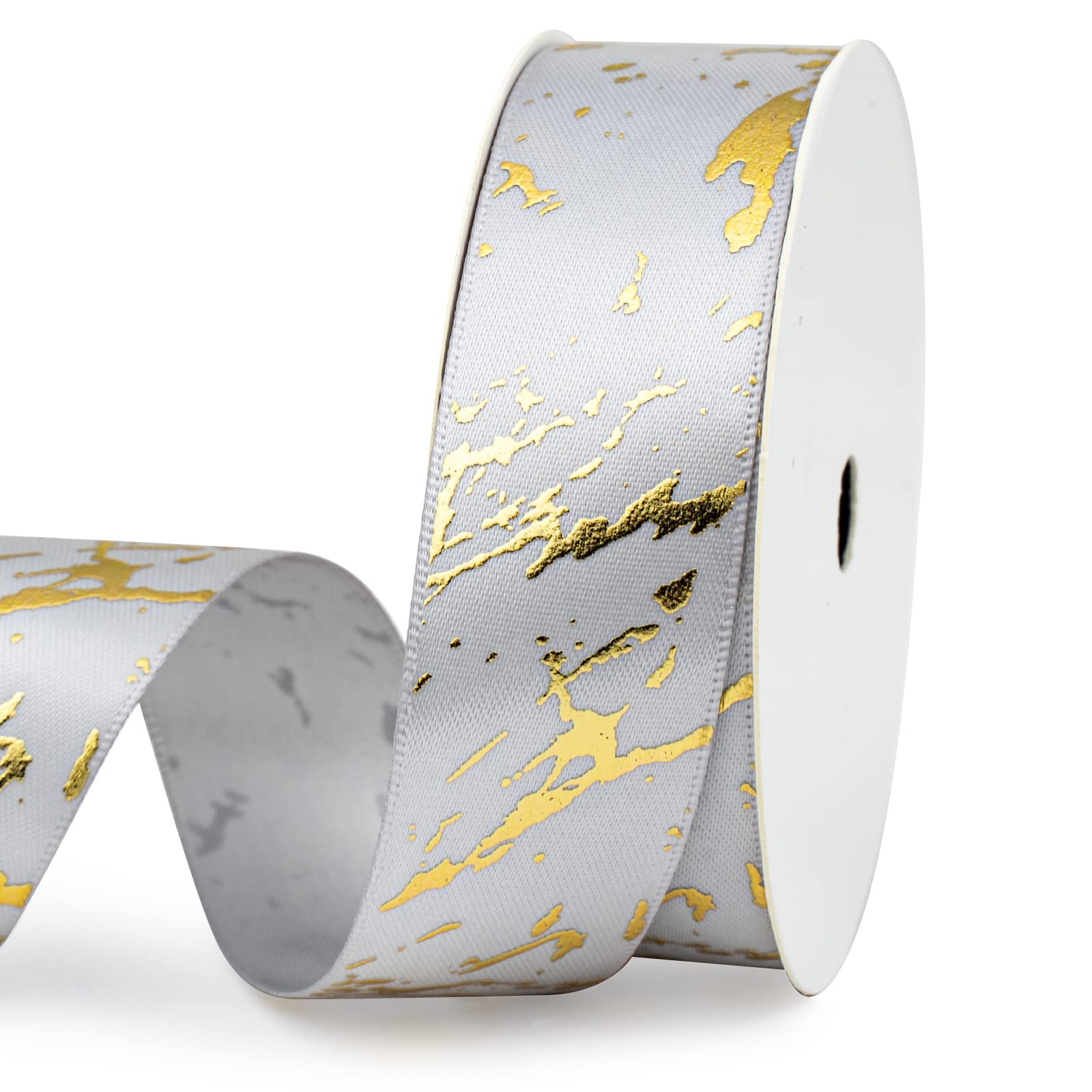 LaRibbons 1 Inch Grey Satin Ribbon with Gold Foil Marble Print - 10 Yard Spool for Gift Wrapping, Wedding Decorations & DIY Crafts