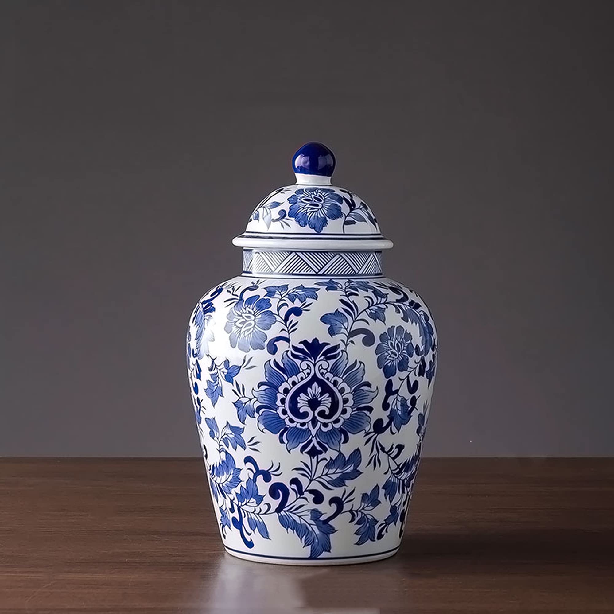 Blue and White Porcelain Ginger Jar Vase with Lid - 14 Inch Chinese Ceramic Temple Jar for Home Decor, Living Room, Bedroom & Office Decoration | Handcrafted Blue Ceramic Decorative Jar