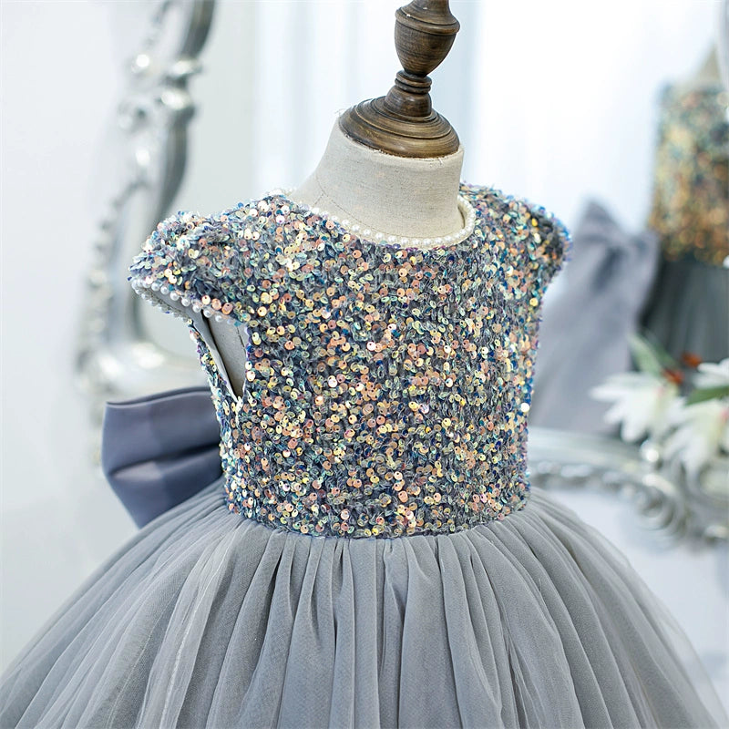 Princess Round Tea Length Tulle Flower Girl Dress in Grey - Perfect for Weddings, Birthday Parties & Special Occasions