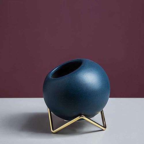 Ceramic Flower Pots for Plants - Small Round Porcelain Vases with Gold Metal Holder, Nordic Style in Yellow, Blue & Orange - Perfect for Table Decor, Home & Office Plants, Wedding Centerpieces, and Gift Ideas