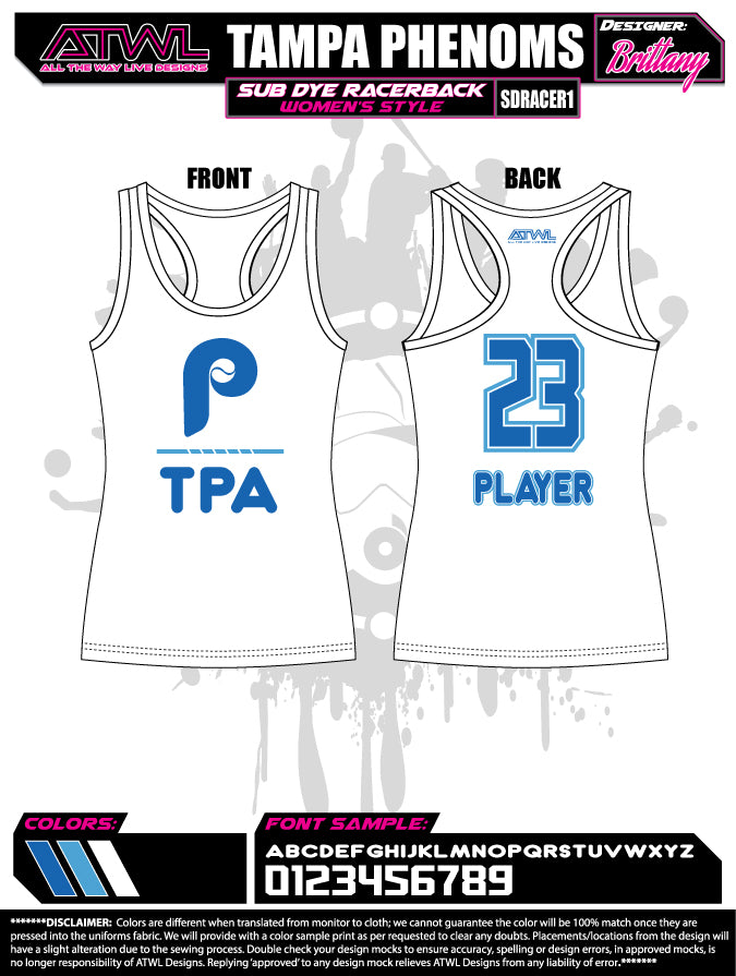 Tampa Phenoms Women's Racerback Sublimated Dye Jersey - Perfect for Workouts, Sports & Casual Wear
