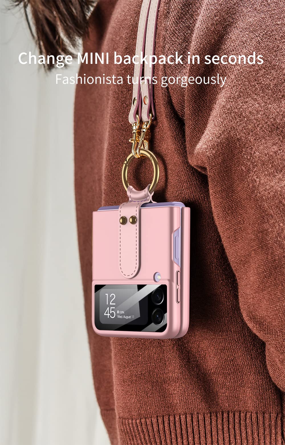 SHIEID Ultra-Thin Protective Case with Ring Stand for Samsung Galaxy Z Flip 3 5G - Pink | Slim Folding Screen Cover, Quick Mini Backpack Conversion | Perfect for Daily Use, Travel & Hands-Free Viewing