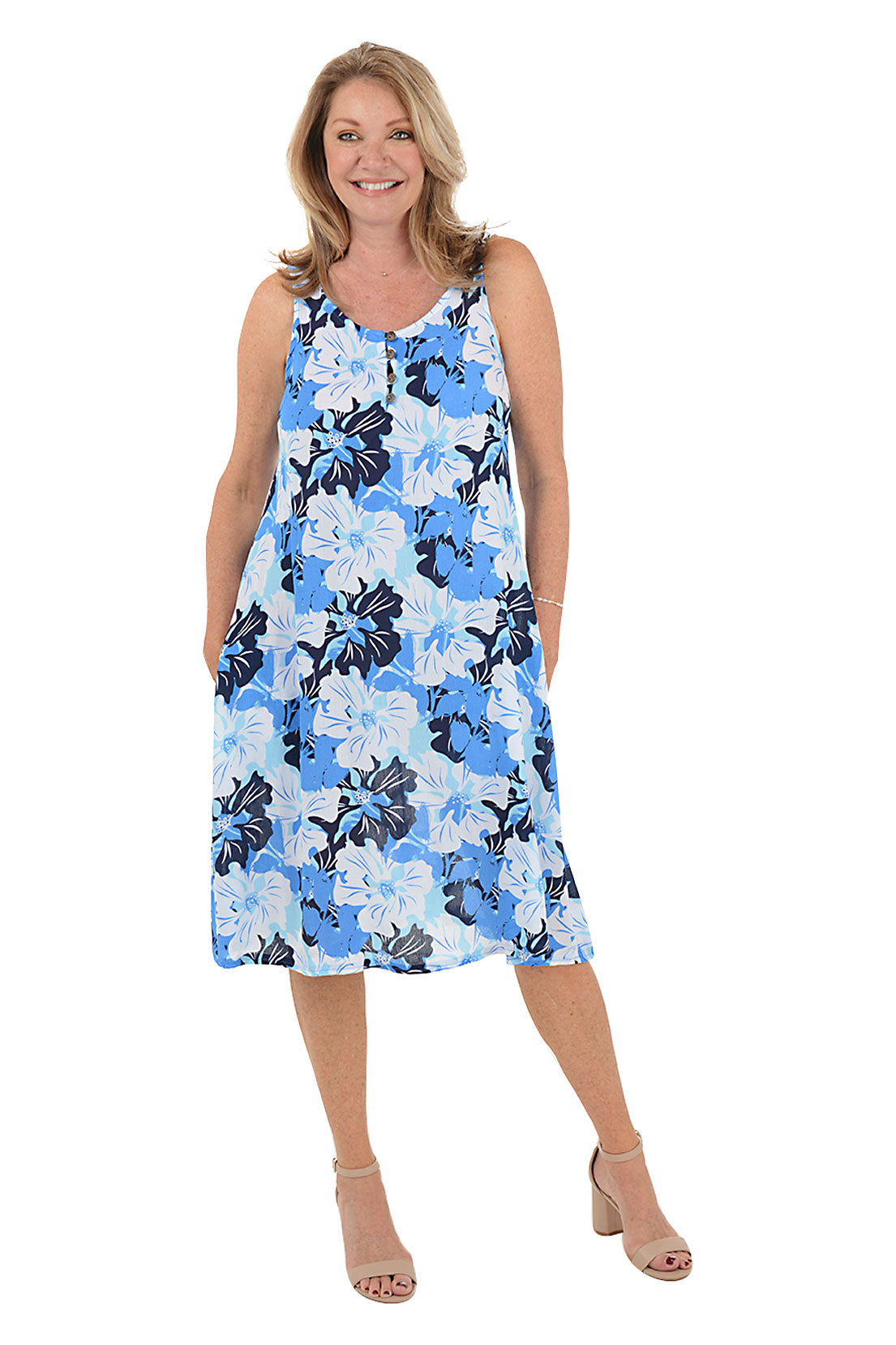 Blue Hibiscus Button Neck Sleeveless Summer Dress for Women - Perfect for Beach Vacations, Garden Parties & Casual Outings