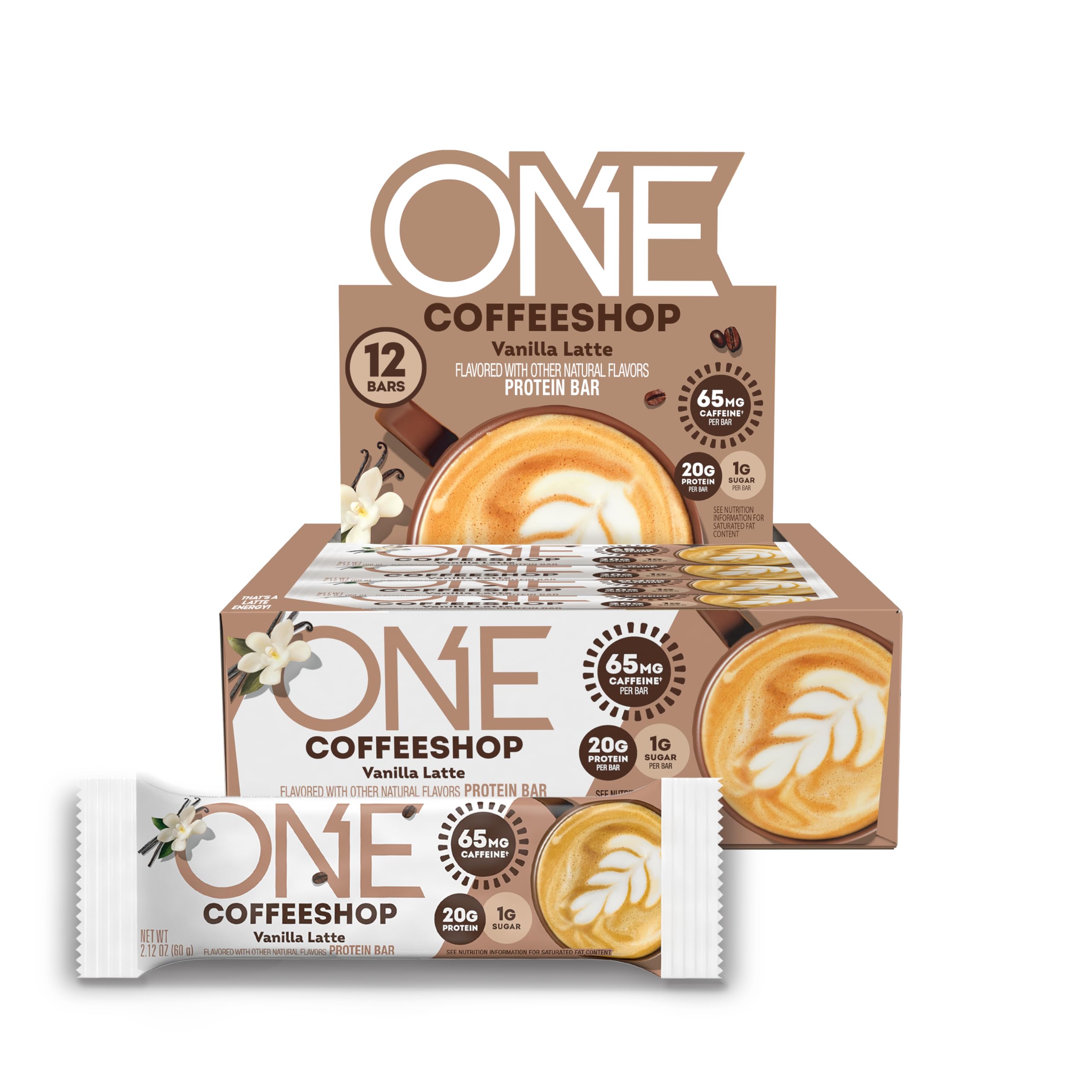 Vanilla Latte Caffeinated Protein Bars - Gluten Free, 20g Protein & 65mg Caffeine Energy Boost - Healthy Snack for Workouts, Hiking & Office - 12 Pack (2.12 oz Each) - Packaging May Vary