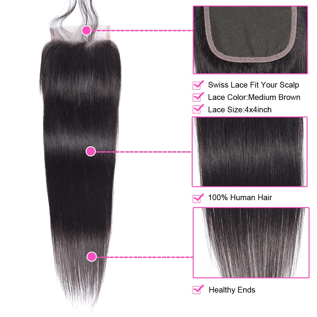 FQ Straight Peruvian Virgin Human Hair Bundles with 4x4 Closure (24 26 28+20 Inch) - Unprocessed 3 Bundles Natural Black Hair Weave - Perfect for Sew-in Extensions, Ponytails & Everyday Styling