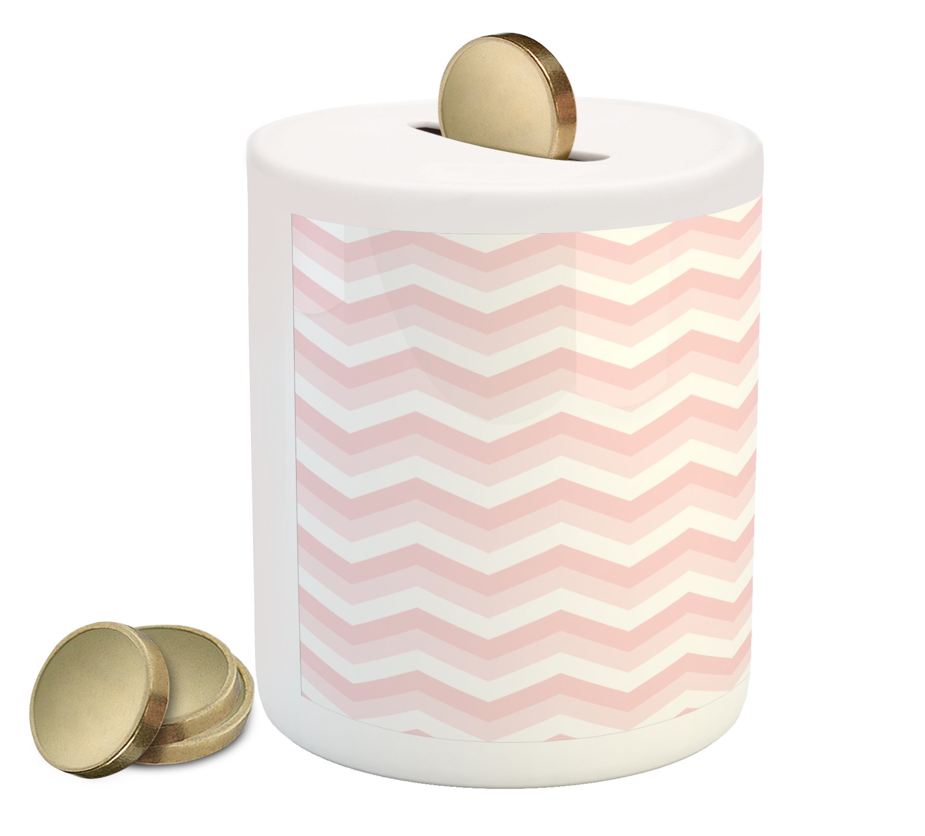 Ambesonne Chevron Piggy Bank - Soft Pink & White Zigzag Pattern Ceramic Money Box for Cash Savings | Perfect for Kids, Teens & Home Decor | Ideal for Birthday Gifts, Piggy Bank Collections & Financial Education