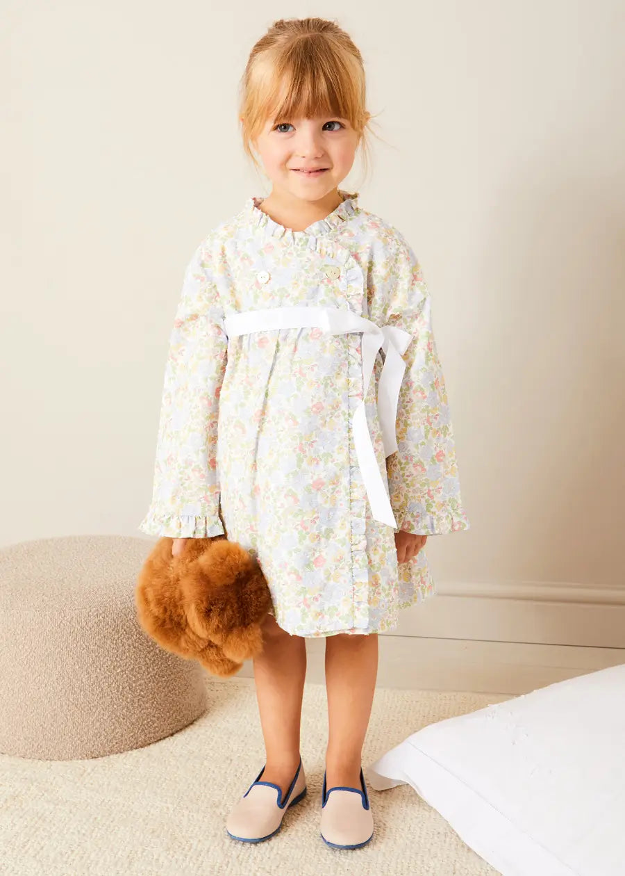 Clara Floral Bow Detail Dressing Gown for Girls - Soft Green Robe with Decorative Bow (Sizes 18 Months to 10 Years) | Perfect for Bath Time, Bedtime & Special Occasions