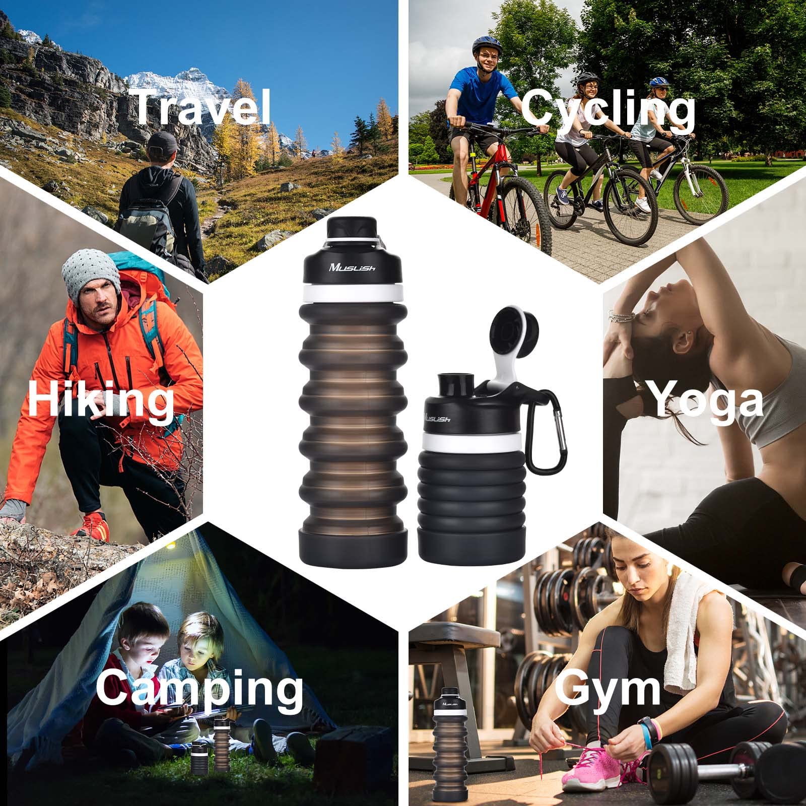 **Muslish 18oz (550ml) Collapsible Water Bottle - BPA Free Silicone, Foldable & Leak Proof - Portable Reusable Sports Water Bottle with Carabiner for Travel, Gym, Camping, Hiking (Charcoal Gray) - Stay Hydrated On-The-Go**