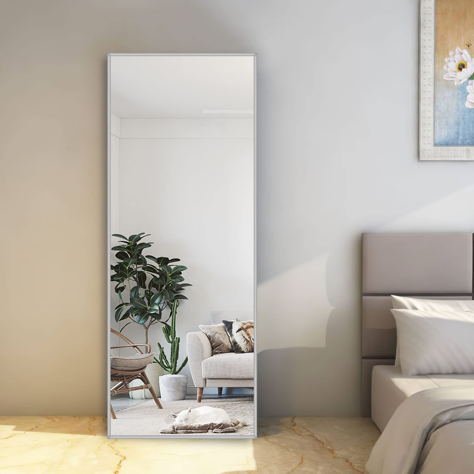 NeuType 64x21 Inch Full Length Mirror - Slim Aluminum Alloy Frame Silver Wall Mirror | Dressing Mirror for Bedroom, Floor Mirror with Stand | Perfect for Full Body Viewing, Home Decor & Outfit Check
