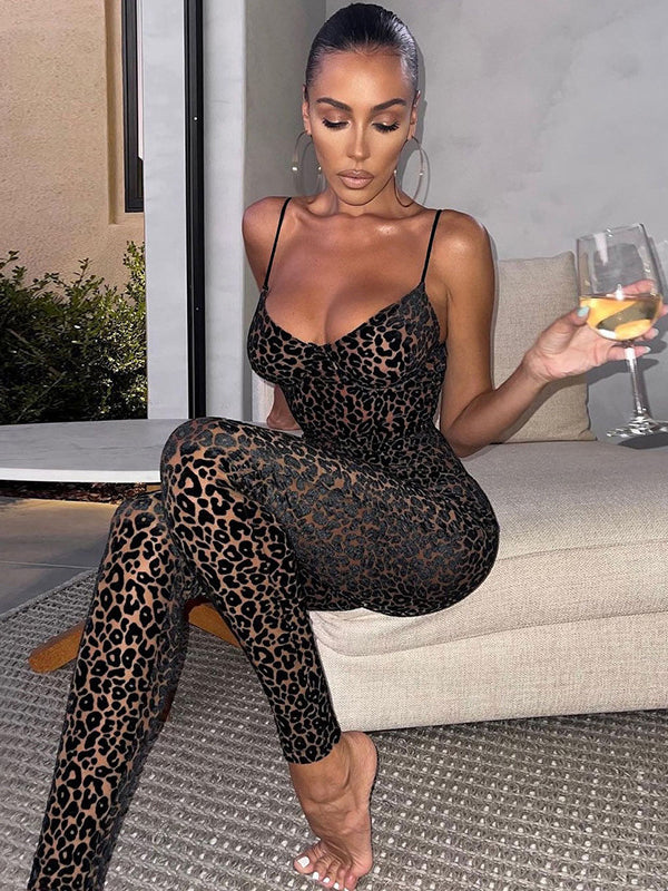ZASUWA Women's Sexy Deep V-Neck Leopard Print Jumpsuit - Perfect for Night Out, Party, and Date Night
