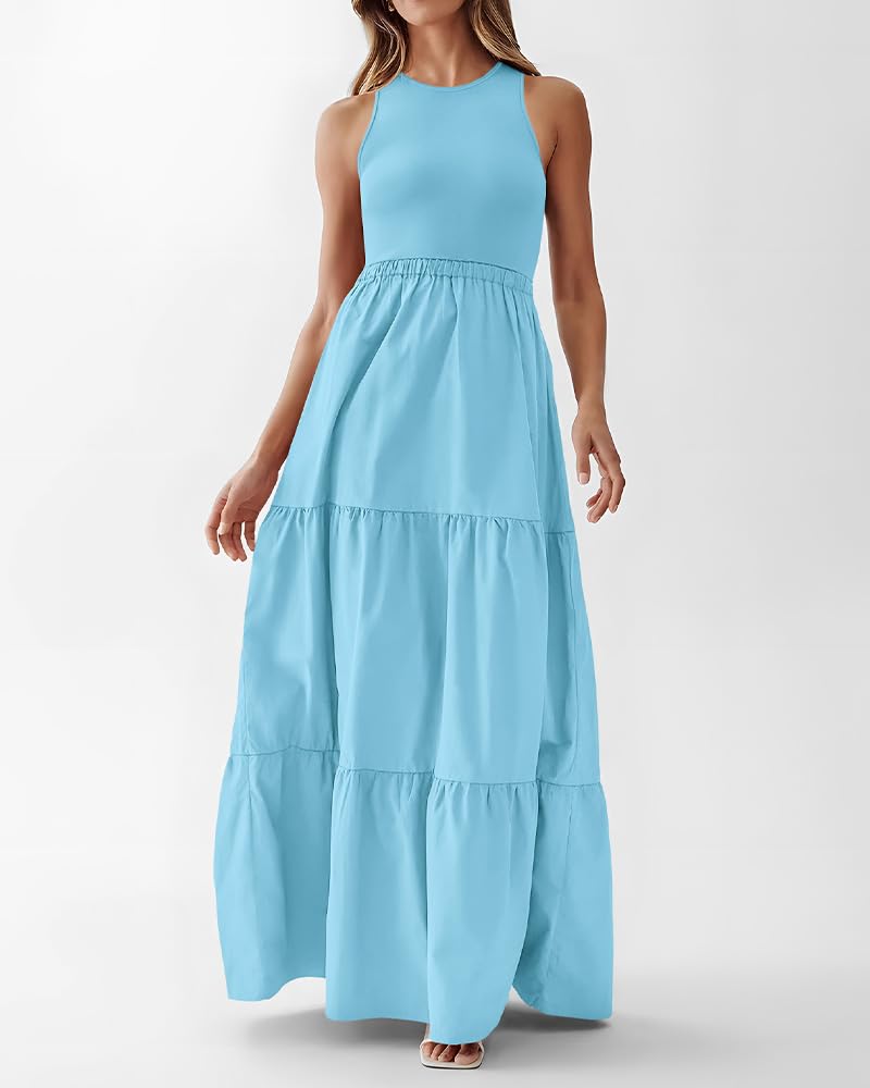 BTFBM Women's Sleeveless Summer Maxi Dress - Wedding Guest Dress with Ribbed Knit Top & Pockets - Flowy Polyester Skirt for Beach Vacations, Garden Parties & Special Occasions