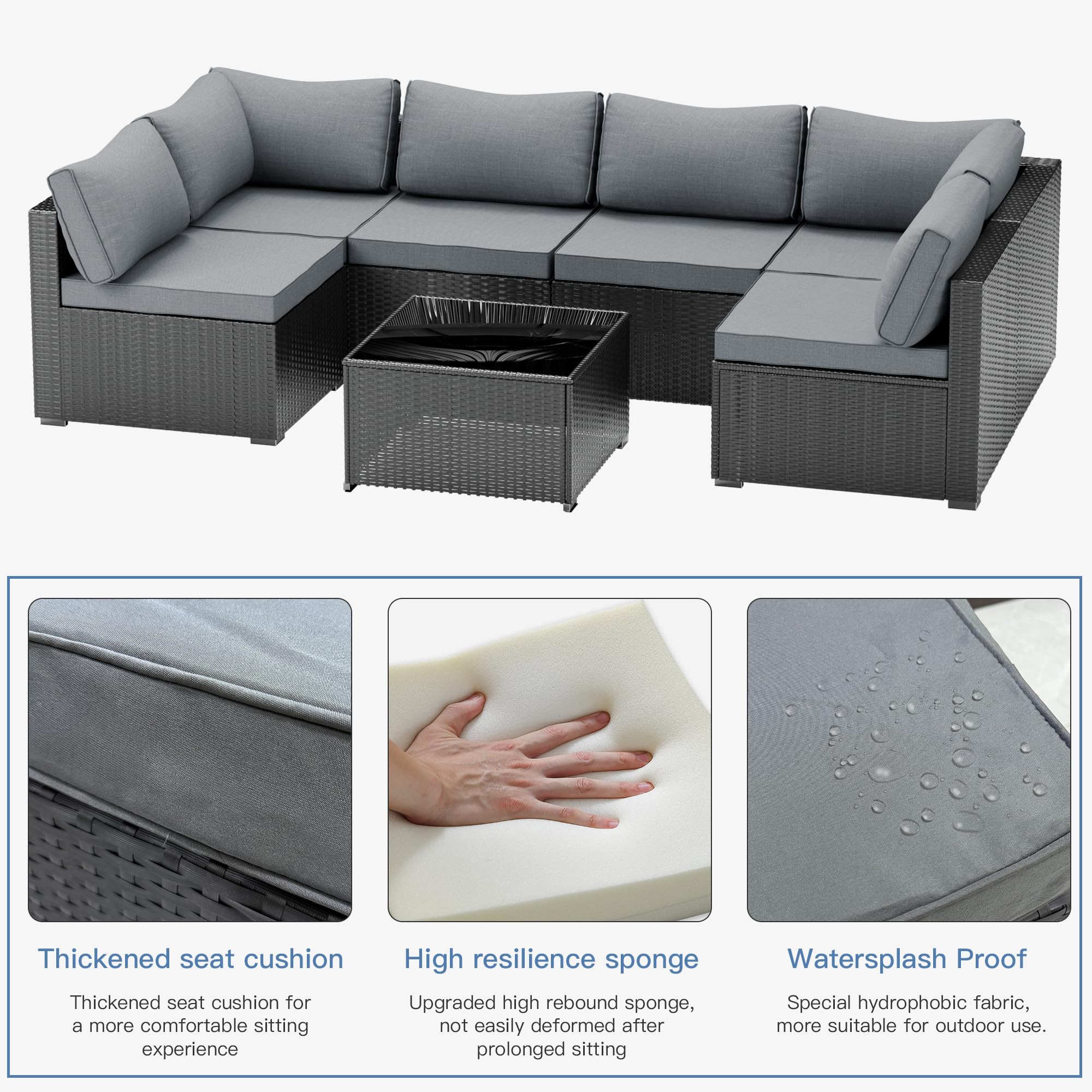 7-Piece Patio Furniture Set Outdoor Sectional Wicker Rattan Sofa with Cushions & Glass Table - Modular Conversation Set for Porch, Poolside, Backyard, Garden & Outdoor Living Spaces