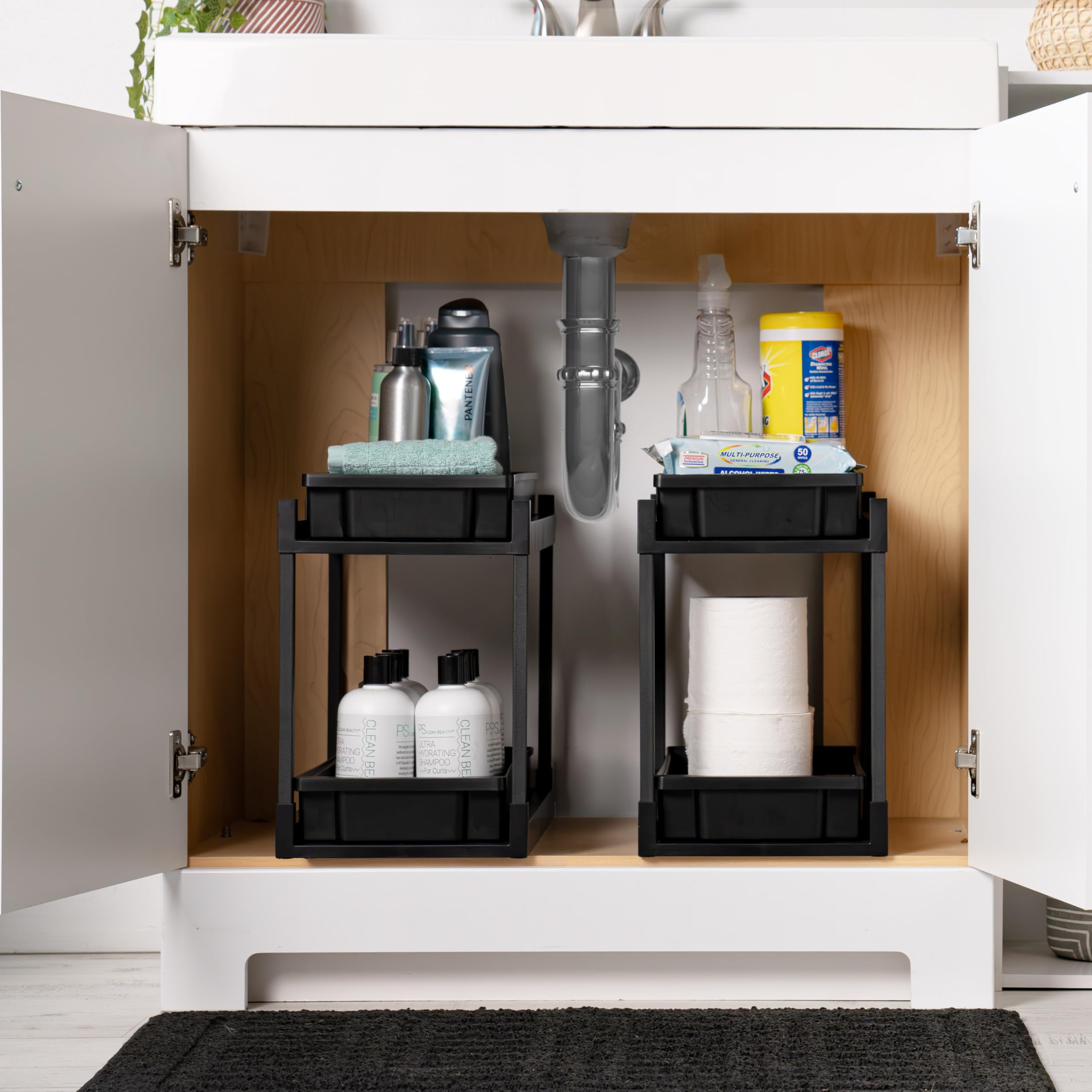 IRIS USA Under Sink Organizer, 2-Pack Black - Kitchen & Bathroom Storage