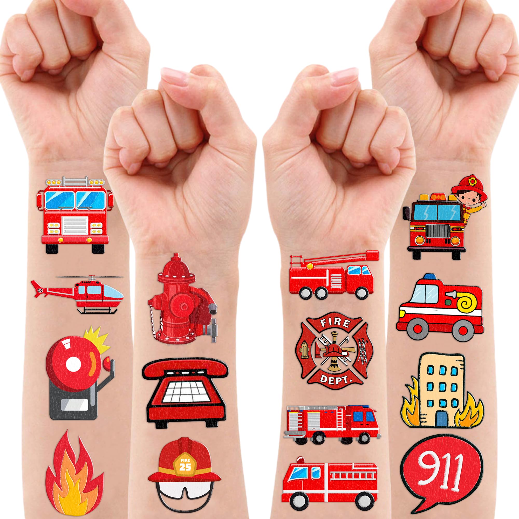 100 PCS Fire Truck Temporary Tattoos - Firefighter Themed Party Supplies, Birthday Decorations, Stickers for Boys & Girls - Perfect for School Rewards, Carnival Prizes & Firehouse Themed Events