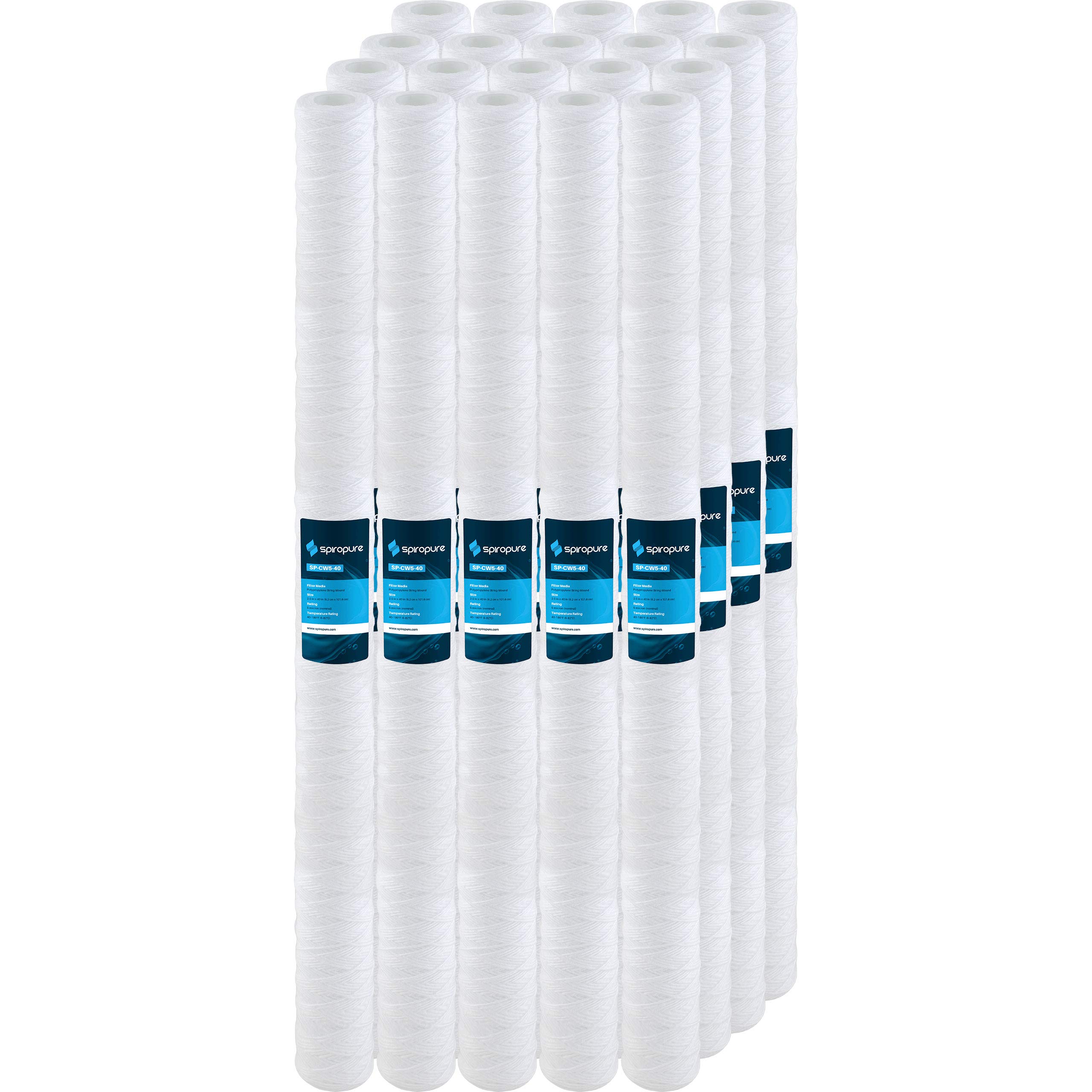 SpiroPure SP-CW5-40 40x2.5 5 Micron String-Wound Polypropylene Sediment Water Filter Cartridge (Case of 20) - Perfect for Whole House Water Filtration, Well Water Treatment, and Sediment Removal