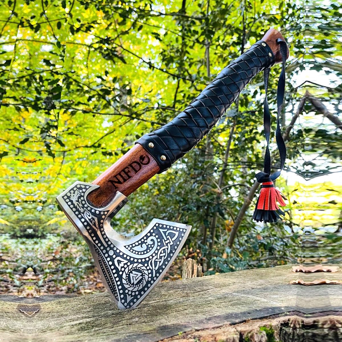 Handmade Viking Axe - High Carbon Steel Forged Tomahawk Bearded Axe for Throwing & Wood Chopping - Norse Warrior Gift for Men - Camping, Survival & Outdoor Activities - Valknut Design Woodworking Tool