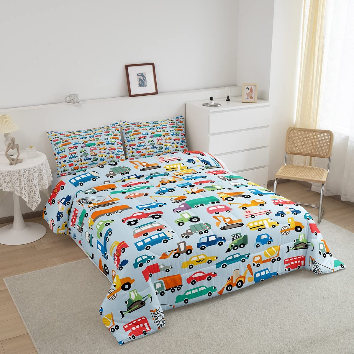 Kids Construction Comforter Set - Cartoon Car, Truck & Tractor Bedding for Boys & Girls | 3-Piece Full Size Set (1 Comforter + 2 Pillowcases) | Perfect for Toddler Rooms, Daycare & Themed Bedrooms