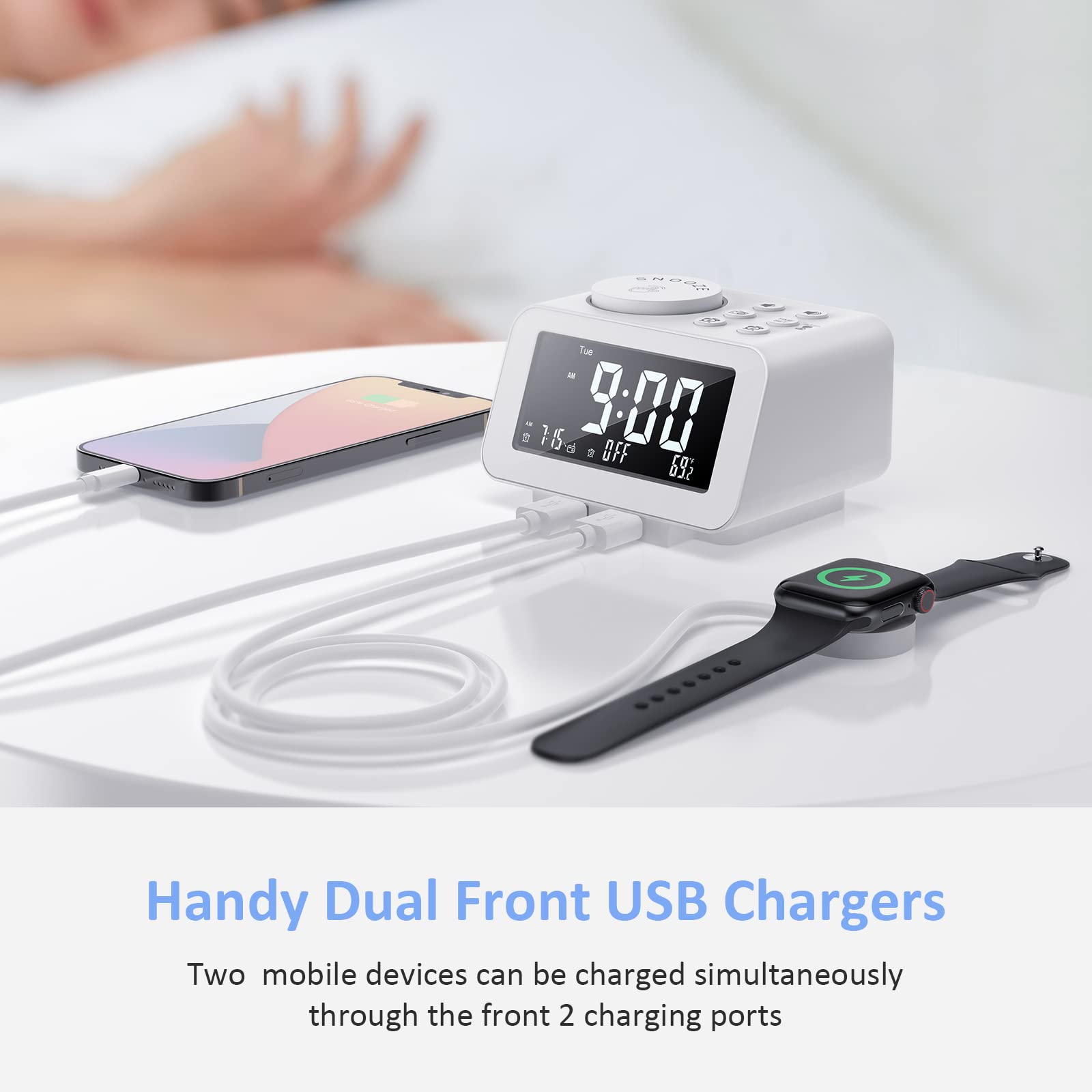 USCCE Digital Alarm Clock Radio with Dimmer - Dual Alarm, FM Radio, USB Charging, Thermometer | Adjustable Volume & 6 Alarm Sounds | Weekday/Weekend Mode, Battery Backup (White) - Perfect for Bedroom, Office, Travel & Home Use