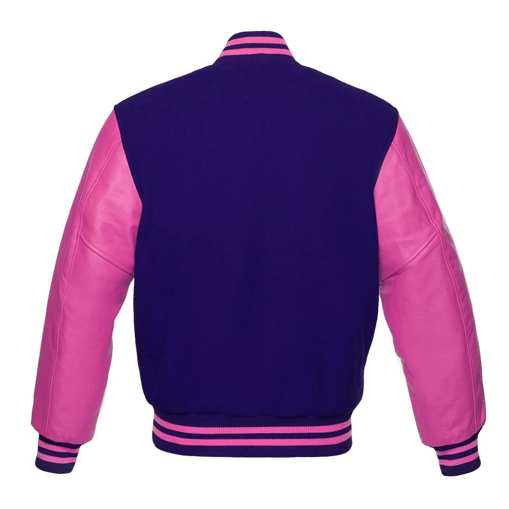 Premium Wool & Genuine Leather Varsity Jacket - Baseball Letterman Bomber with Pink Sleeves for School & College | Perfect for Sports, Casual Wear & Retro Fashion