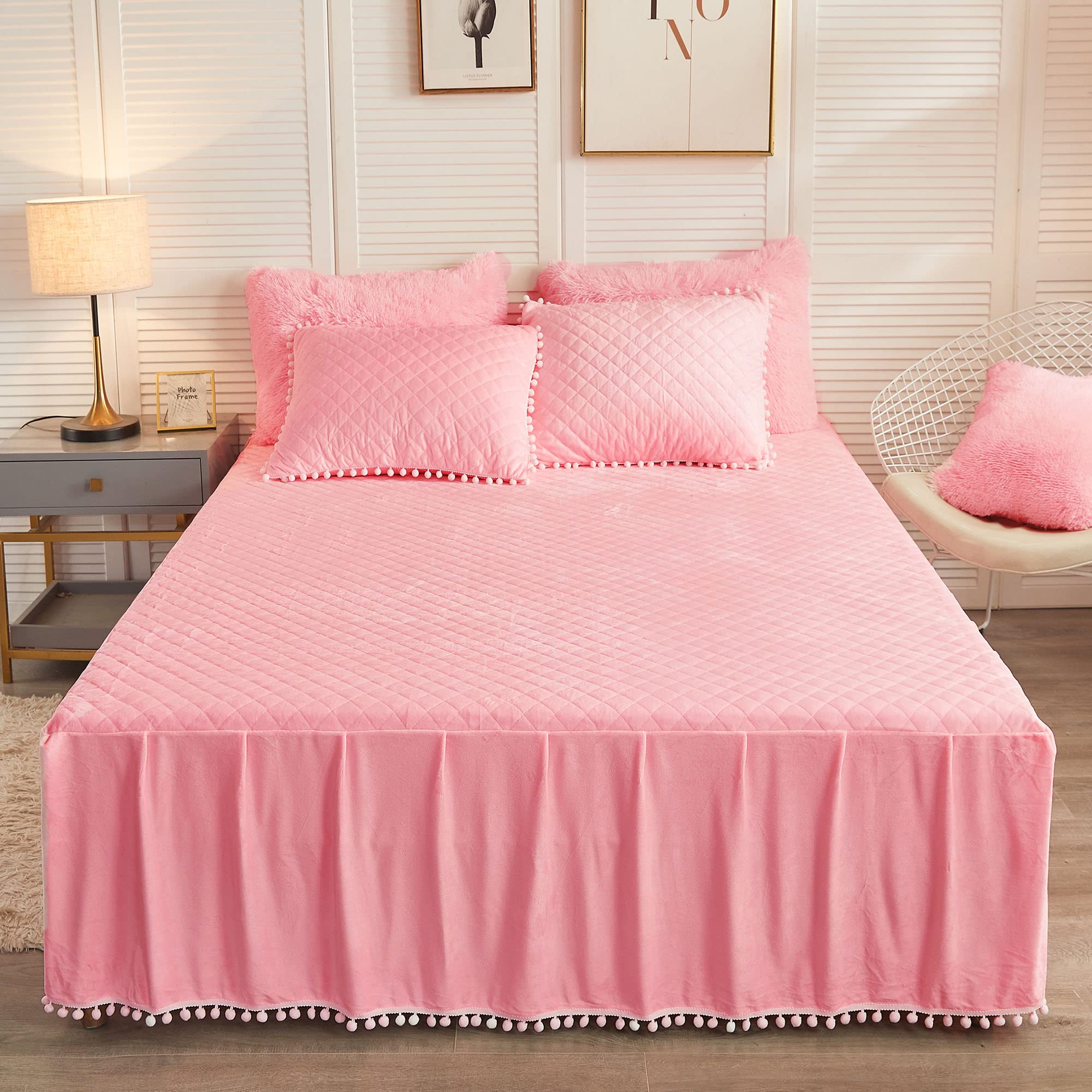 Luxury Velvet Bed Skirt with Pom Poms & Diamond Quilted Design - 18 Inch Drop Wrap Around Dust Ruffle for Full/Queen Beds (Pink) - Perfect for Master Bedrooms, Guest Rooms & Elegant Home Decor