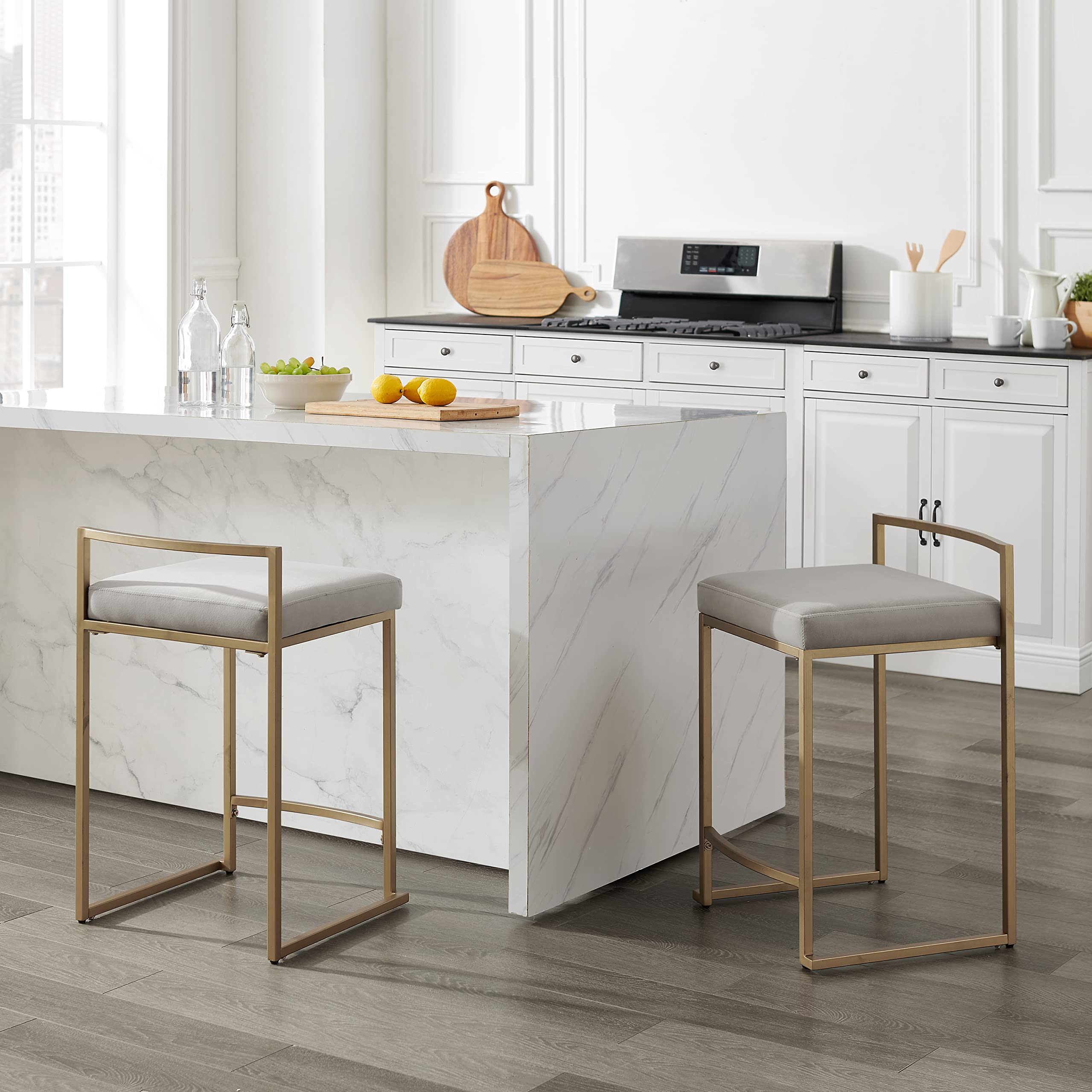 Crosley Furniture Harlowe Upholstered Counter Height Bar Stools Set of 2 - Gray and Gold Kitchen Island Stools for Dining Room, Breakfast Nook & Home Bar Decor