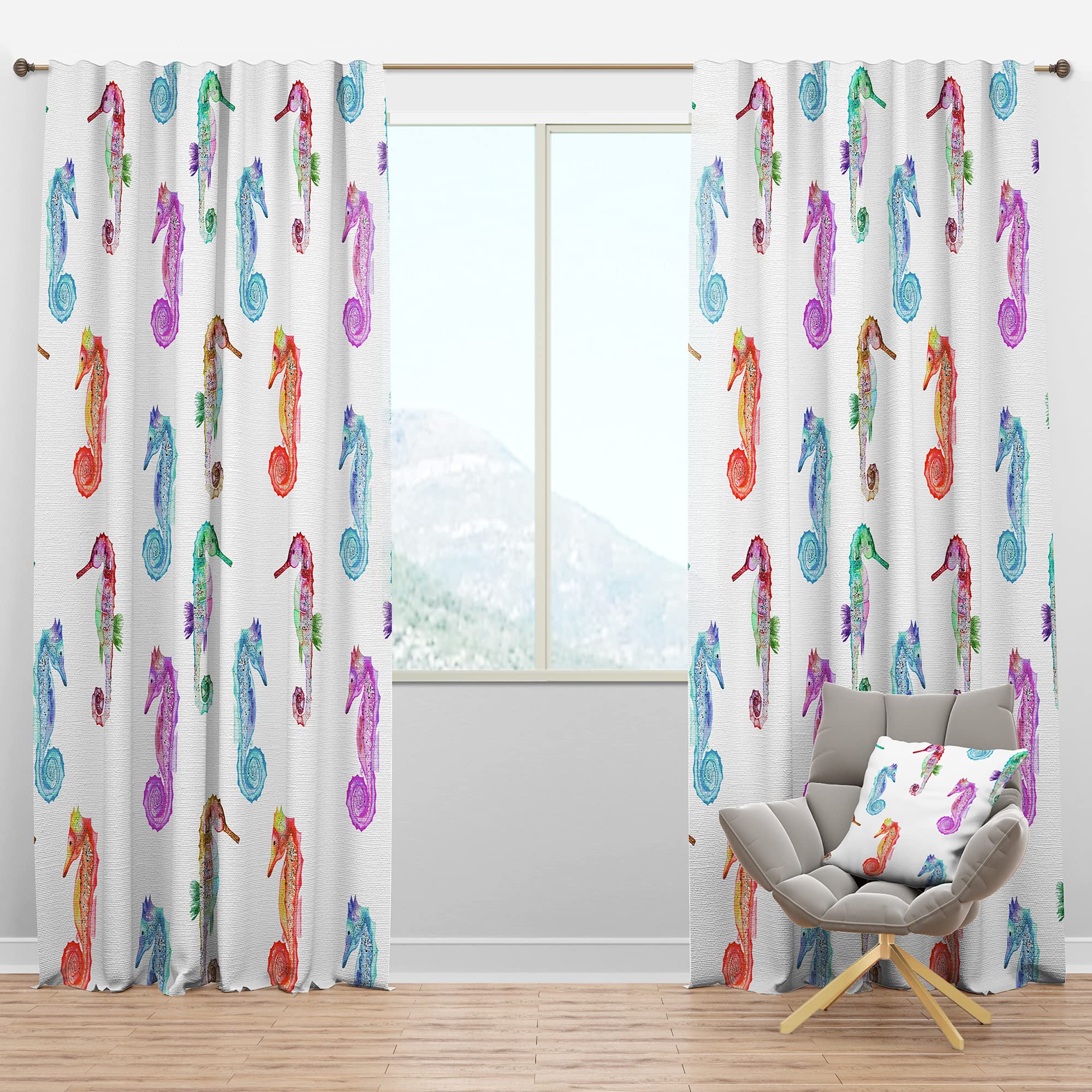 DesignQ Blackout Curtains with Multicolored Seahorse Pattern - Thermal Insulated Room Darkening Drapes for Bedroom & Living Room (52x63, Single Panel) - Perfect for Light Control, Privacy & Energy Savings
