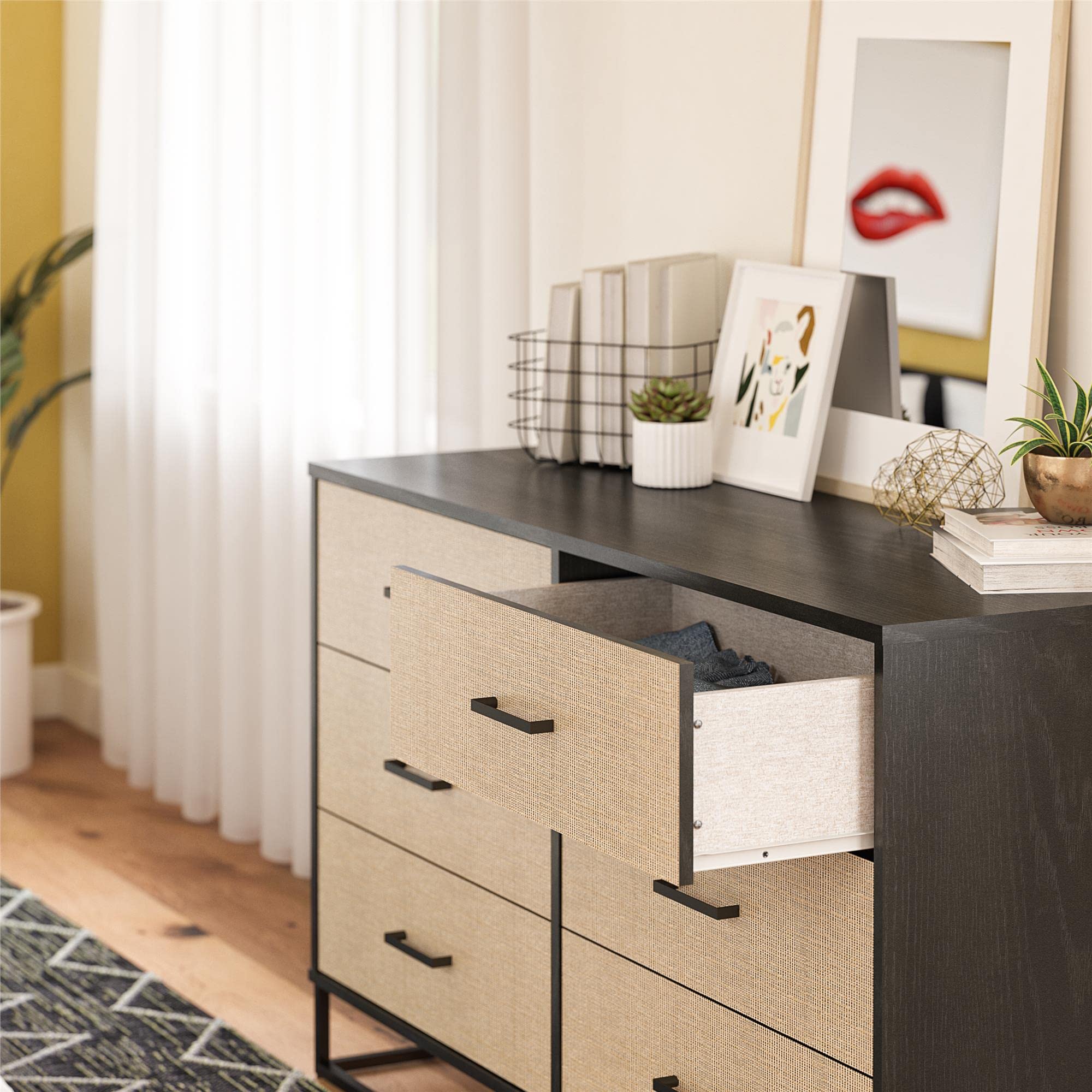 Novogratz Kelly 6-Drawer Dresser - Faux Rattan & Black Oak Finish - Modern Bedroom Storage Furniture for Clothes, Linens & Accessories - Perfect for Master Bedroom, Guest Room or Dorm Organization