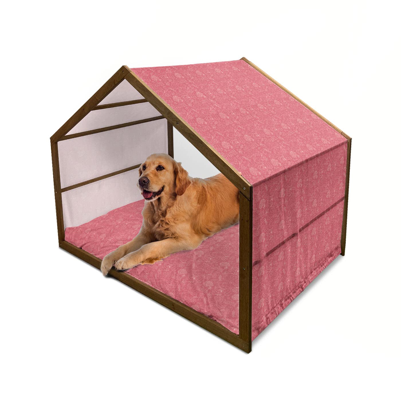 Valentine's Day Wooden Dog House with Pillow & Cover - Romantic Floral Design for Indoor & Outdoor Use - Portable Large Dog Kennel for Pets - Perfect for Date Nights, Love Celebrations & Home Decor - 2X-Large Size in Dried Rose Pale Rose Color