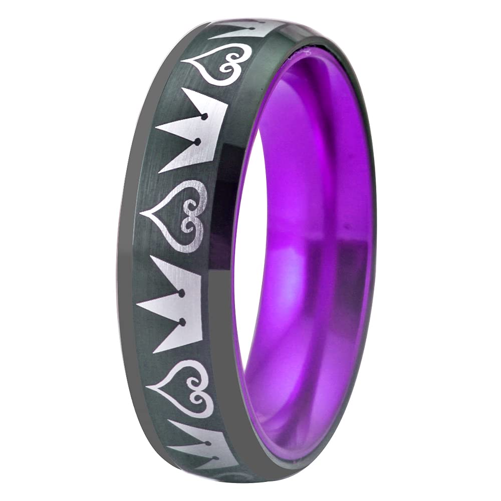 Kingdom Hearts & Crowns Design Cosplay Ring - 8mm Wide Red & Black Tungsten Wedding Band with Matte Finish & Beveled Edges - Free Custom Engraving - Perfect for Cosplay, Costume Parties, and Gothic Weddings