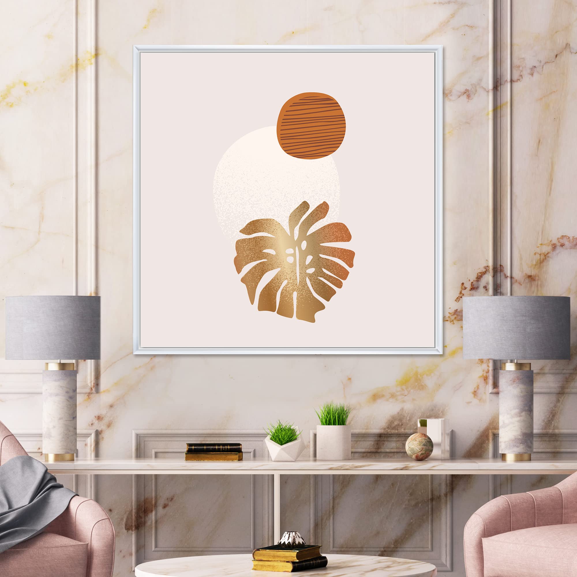 DesignQ Tropical Palm Leaf & Abstract Geometry Shapes II - Modern Framed Canvas Wall Art Print for Living Room, Bedroom & Office Decor