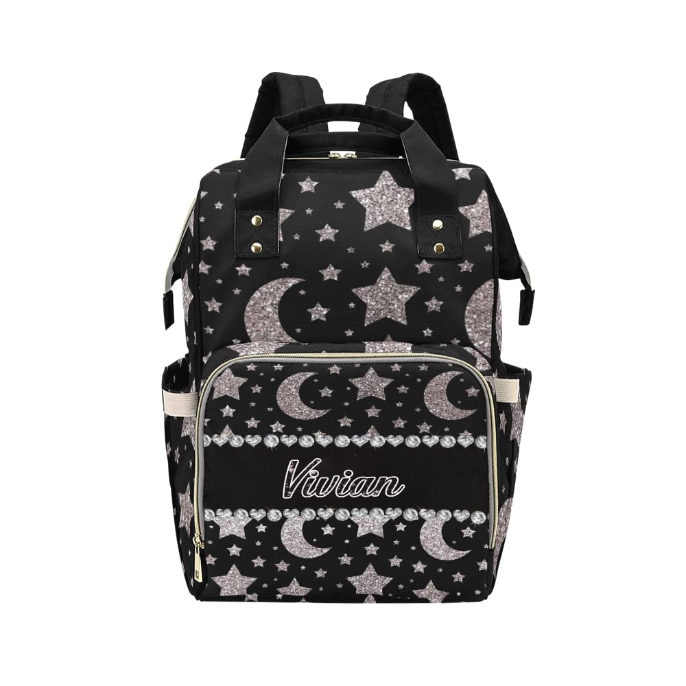 Personalized Star Moon Stripe Diaper Backpack - Custom Name Travel Bag for Women & Girls, Multi-Purpose Tote Handbag for Baby Essentials, Work & Gym