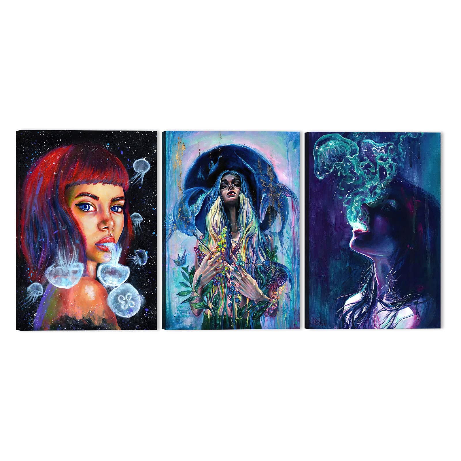 GUTTATY 3-Piece Abstract Ocean Girl Canvas Wall Art Set - Framed Bathroom Decor Pictures for Women & Men (20x30 Inches x 3 Panels) - Perfect for Bathroom, Bedroom, and Living Room Wall Decor