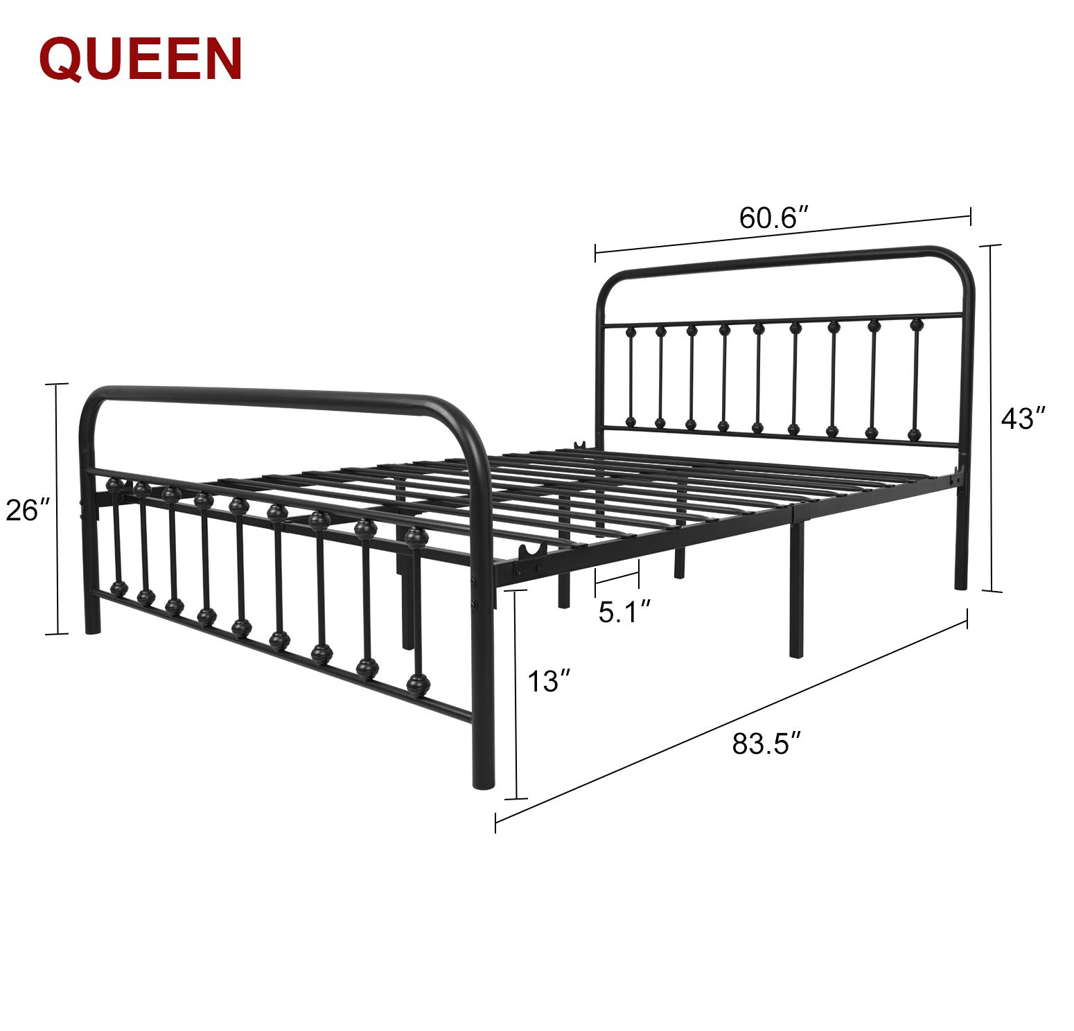 Neebirgelia Black Metal Bed Frame Queen Size with Headboard & Footboard - Sturdy Platform Mattress Base, Metal Tube & Iron-Art Design - Perfect for Modern Bedrooms, Guest Rooms & Dormitories (Queen, Black)