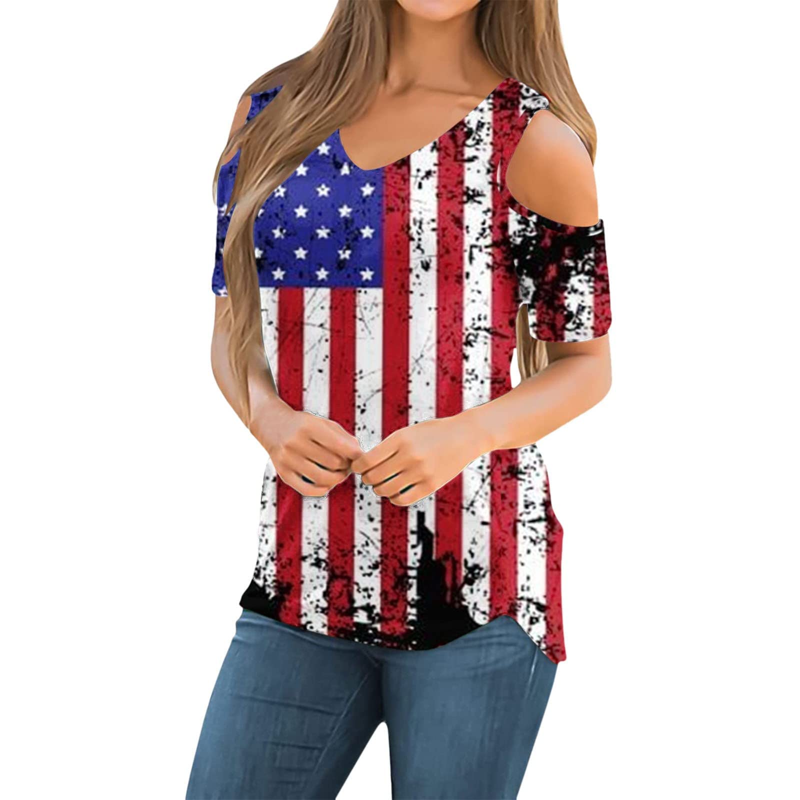 4th of July Shirts for Women - Patriotic American Flag Print Short Sleeve V-Neck Tunic Tops | Plus Size Cold Shoulder Summer Blouse for Independence Day Celebrations, BBQ Parties & Festive Outfits