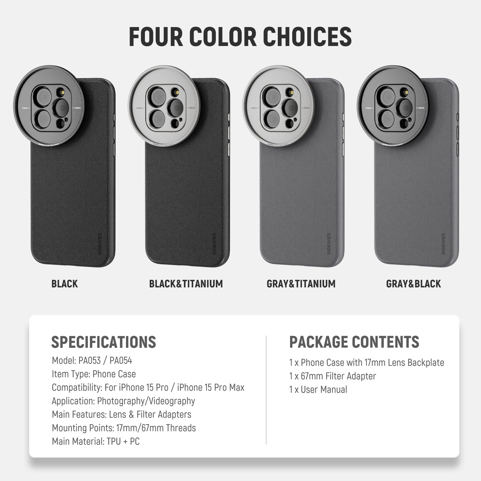NEEWER PA053/PA054 Protective Case for iPhone 15 Pro & Pro Max with 17mm/67mm Lens Adapters - Perfect for Photography, Videography & Mobile Content Creation