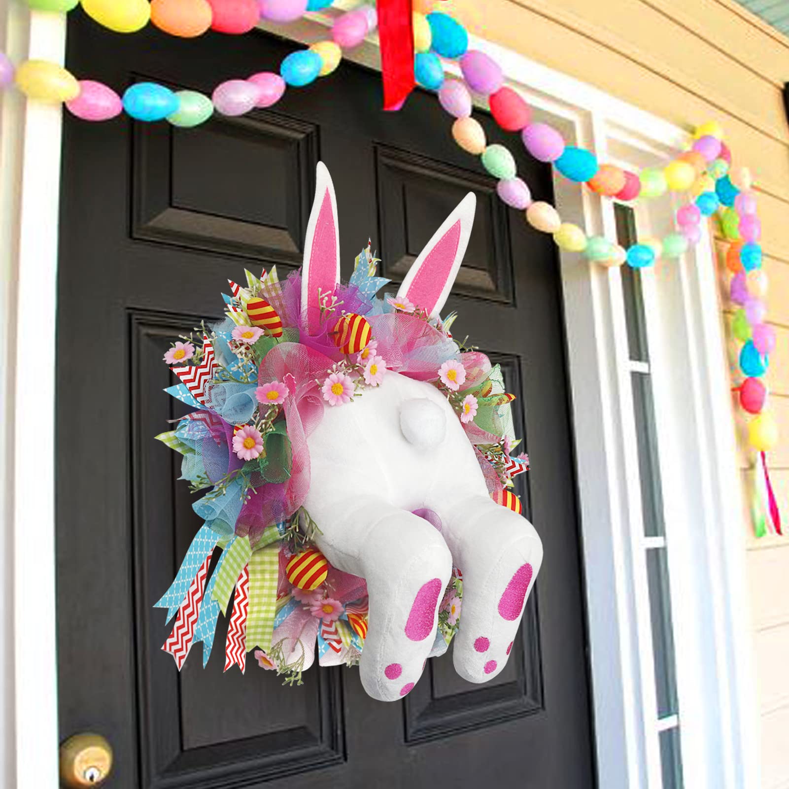 Easter Bunny Butt Wreath - Floral Spring Door Decor with Rabbit Ears - Easter Front Door Garland for Home, Party & Holiday Decorations