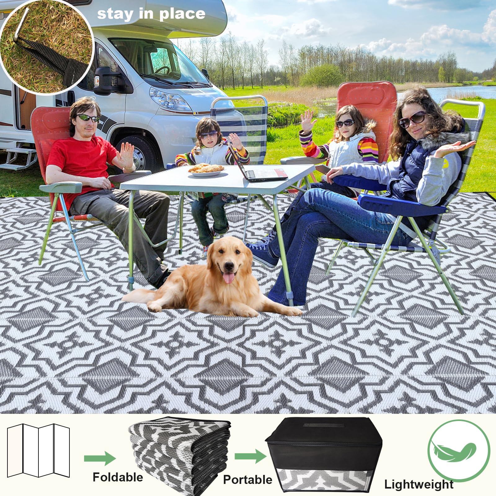 9x12 Waterproof Outdoor Rug - Recyclable Plastic Straw Woven Patio Mat for Camping, RV, Yard & Deck - Grey Indoor/Outdoor Rug for All Weather Use