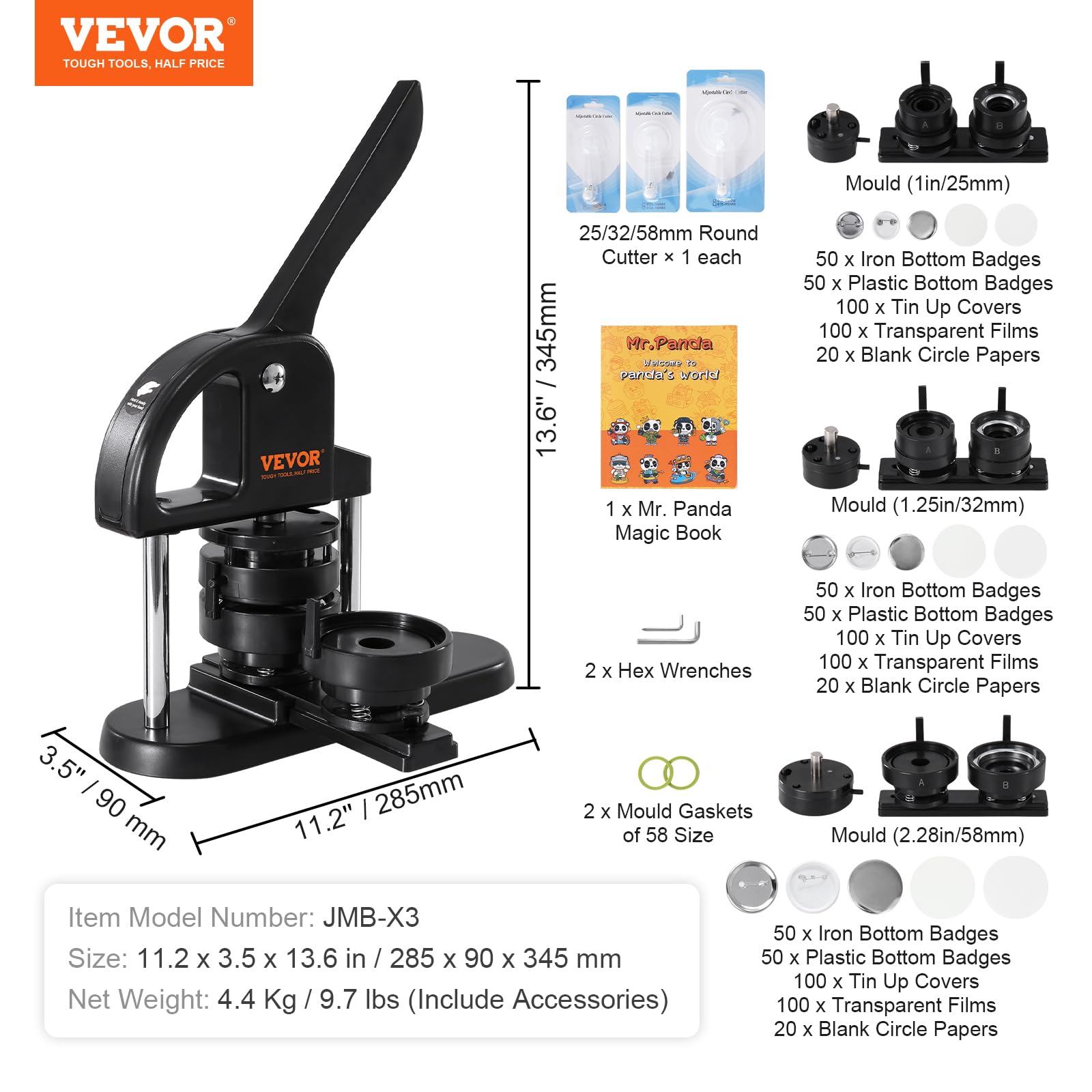 VEVOR 3-in-1 Button Maker Machine Kit with 300pcs Button Parts (1/1.25/2.28 inch) - Ergonomic Arc Handle Punch Press & Panda Magic Book - Perfect for DIY Crafts, School Projects, and Children's Birthday Gifts