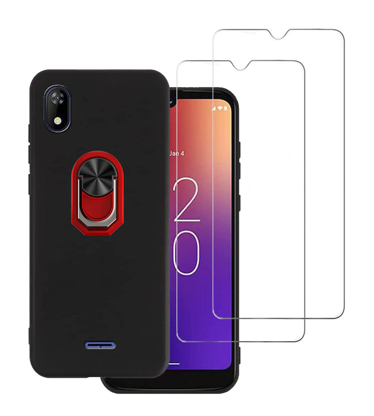 2 Pack Tempered Glass Screen Protector & Shockproof Full Body Phone Case with Kickstand & 360° Ring Holder for Moxee M2160 - Red | Perfect for Outdoor Activities, Work & Everyday Protection