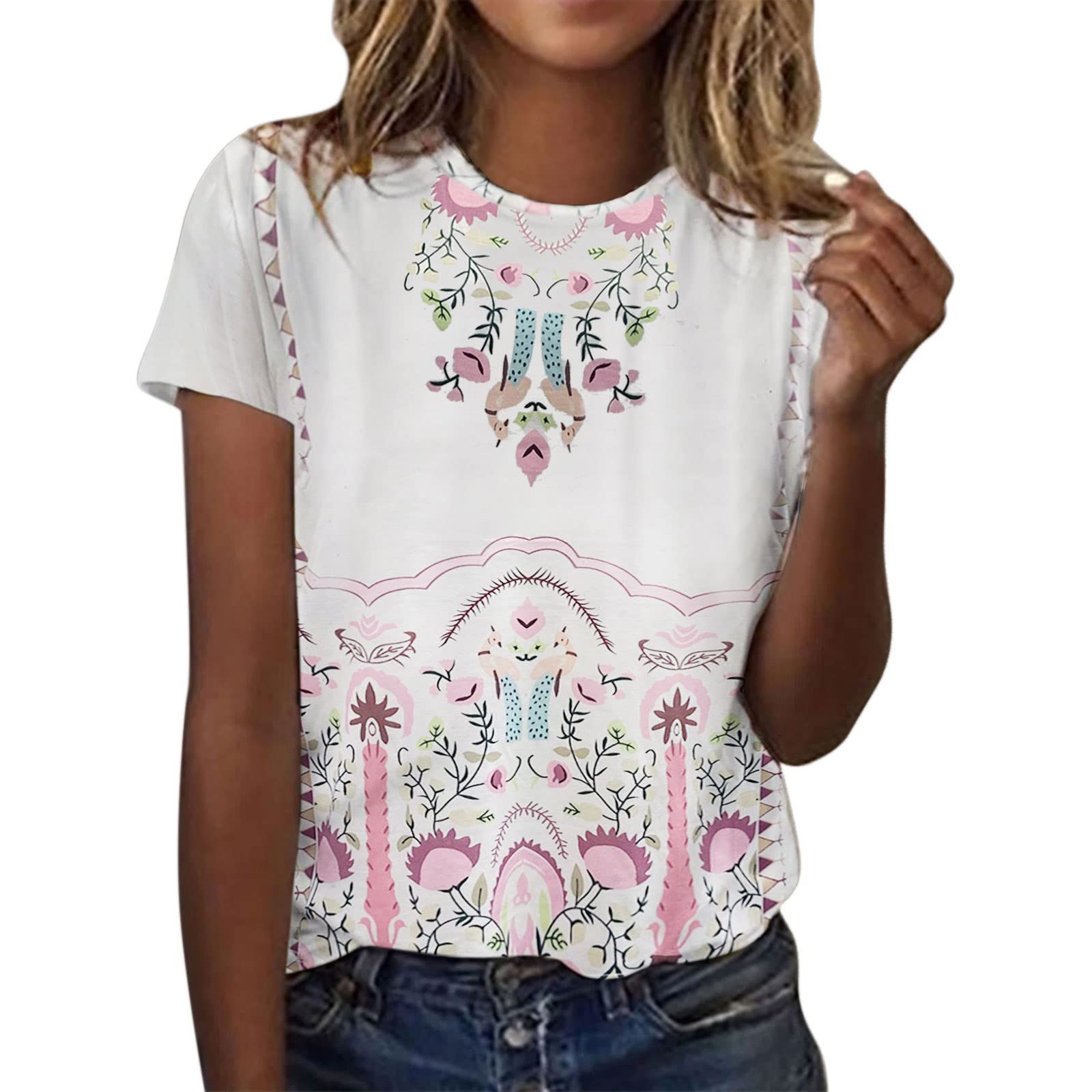 Women's Floral Printed Short Sleeve Crew Neck T-Shirt - Summer Casual Top for Women - Perfect for Beach Outings, Picnics & Everyday Wear