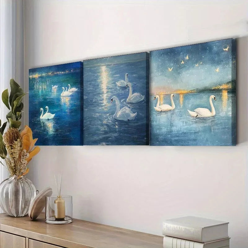 3-Piece Swan in Water Wall Art Set - Framed Canvas 40x60cm - High Quality Australian Made Print - Ready to Hang - Perfect for Living Room, Bedroom & Office Decor