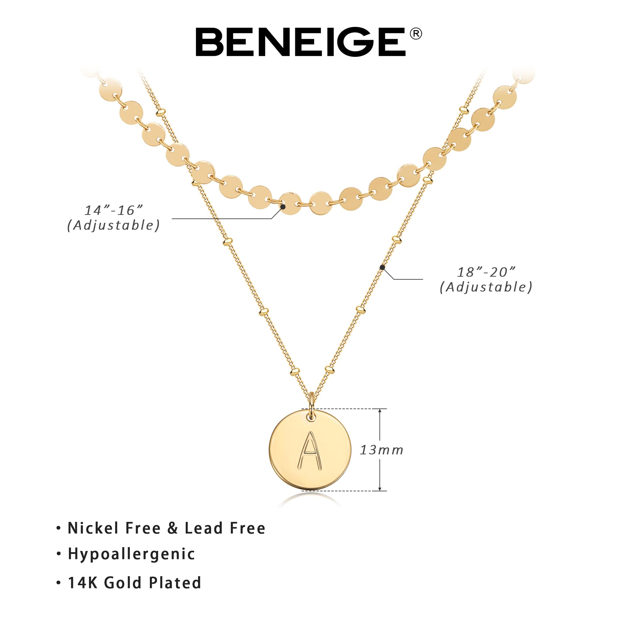 BENEIGE 14K Gold Plated Initial Necklace for Women - Personalized Letter Pendant, Dainty Layered Gold Necklace Jewelry Gift for Her | Perfect for Birthday, Anniversary, Valentine's Day & Everyday Wear