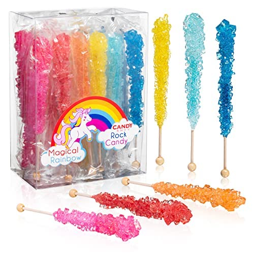 Magical Rainbow Rock Candy Sugar Sticks - 18 Individually Wrapped Colorful Candy Sticks - Perfect for Birthday Parties, Baby Showers & DIY Dessert Decorations